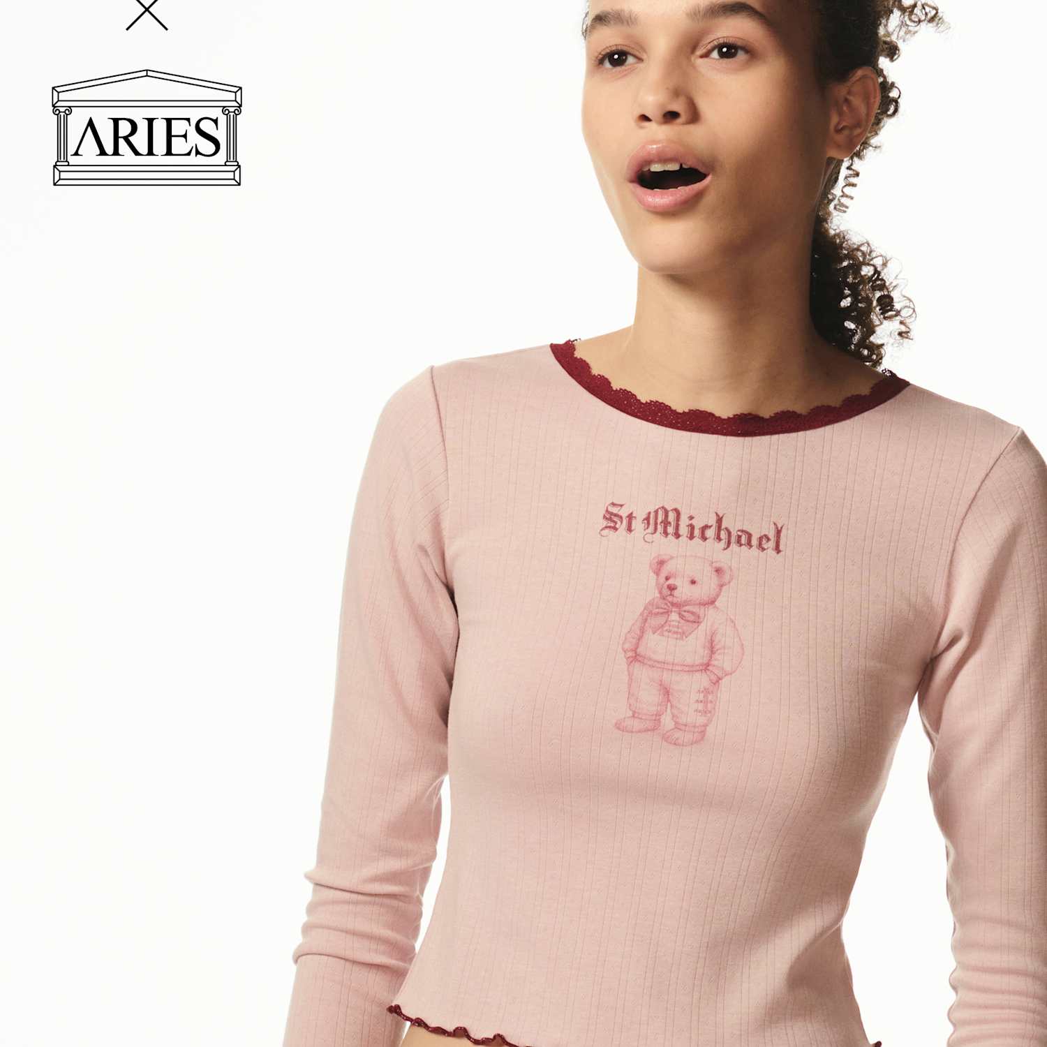 M&S X Aries Women's Printed Pointelle Fitted Lace Trim Crop Top - Small - Pink Mix