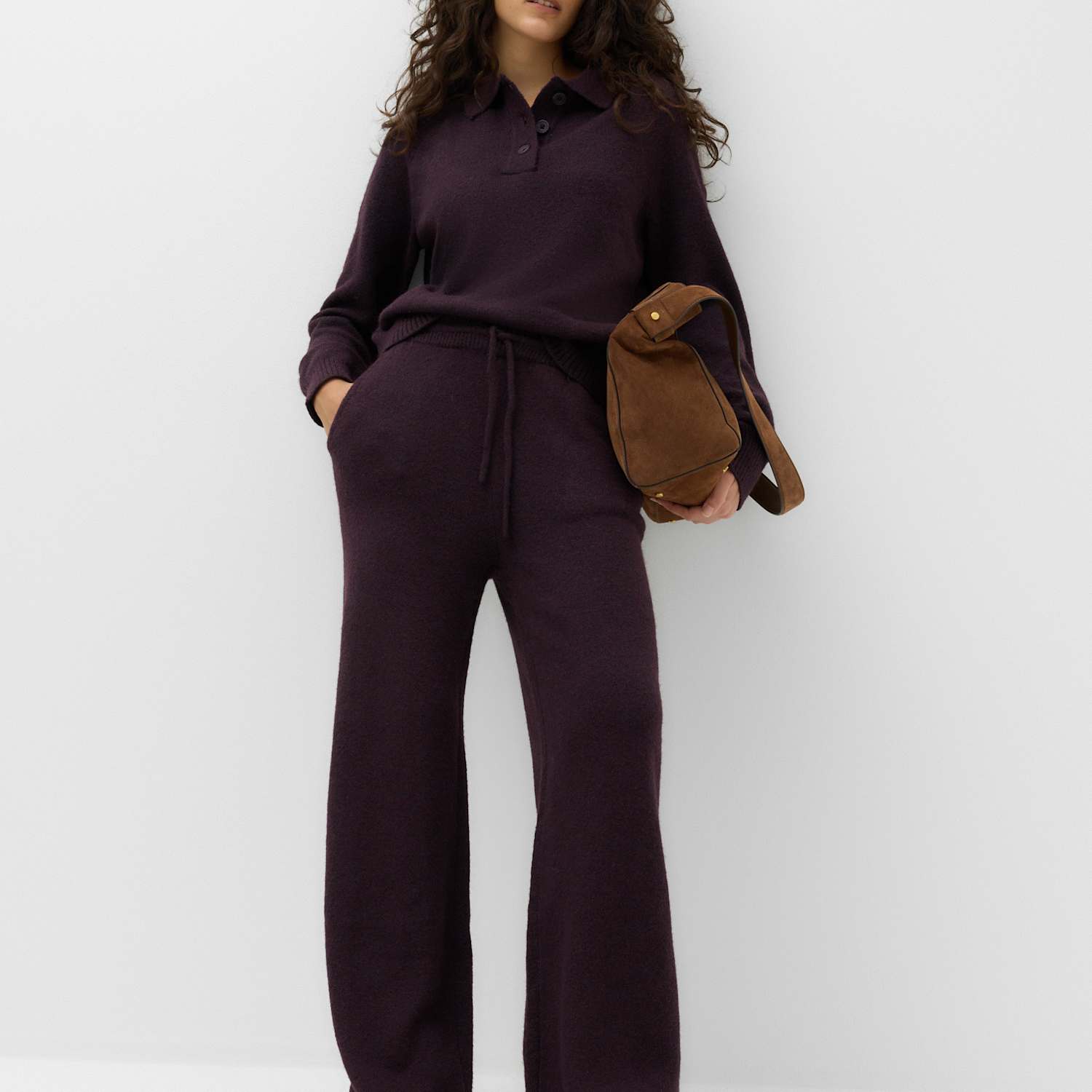 M&S Women's Wide Leg Knitted Trousers - Extra Small - Dark Aubergine