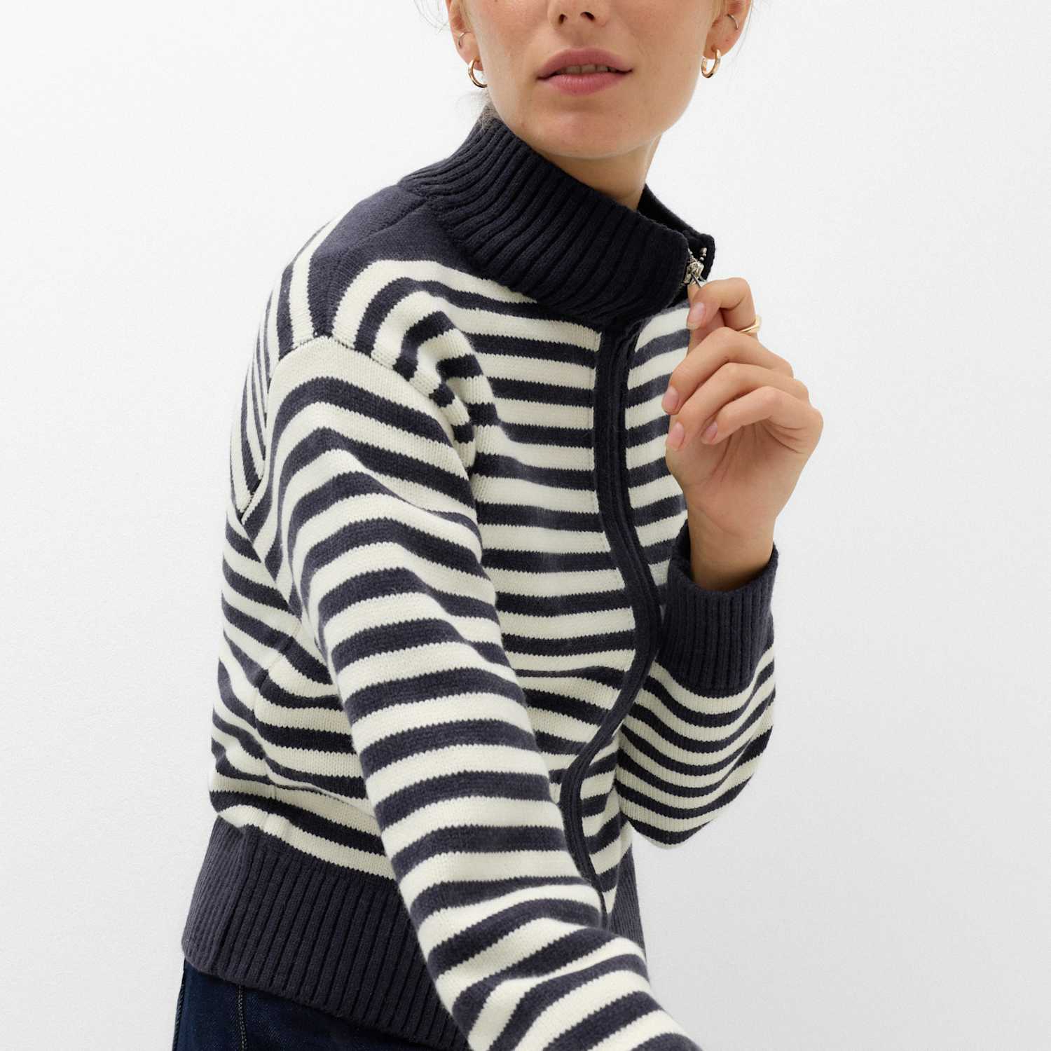 M&S Women's Striped Funnel Neck Zip Up Knitted Jacket With Wool - Small - Navy Mix
