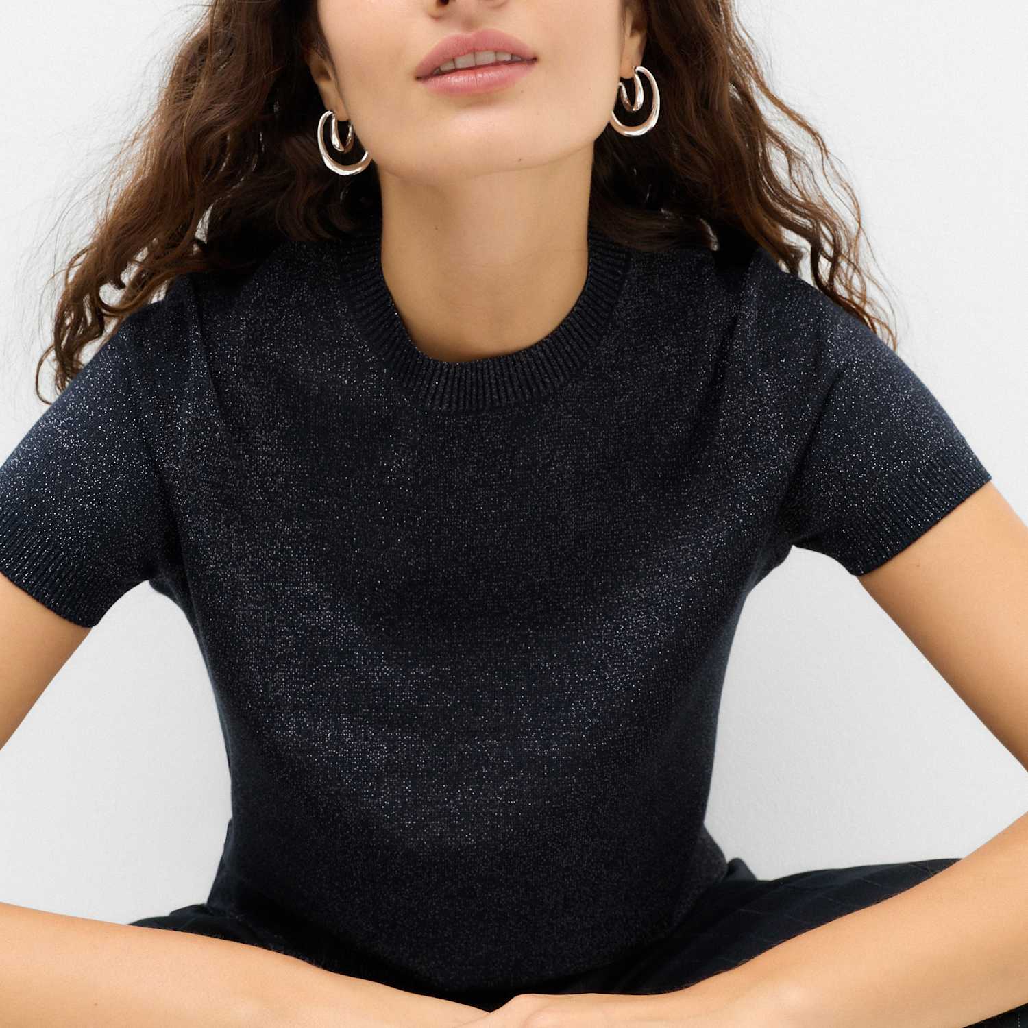 M&S Women's Sparkly Crew Neck Slim Fit Knitted Top - Large - Navy Mix