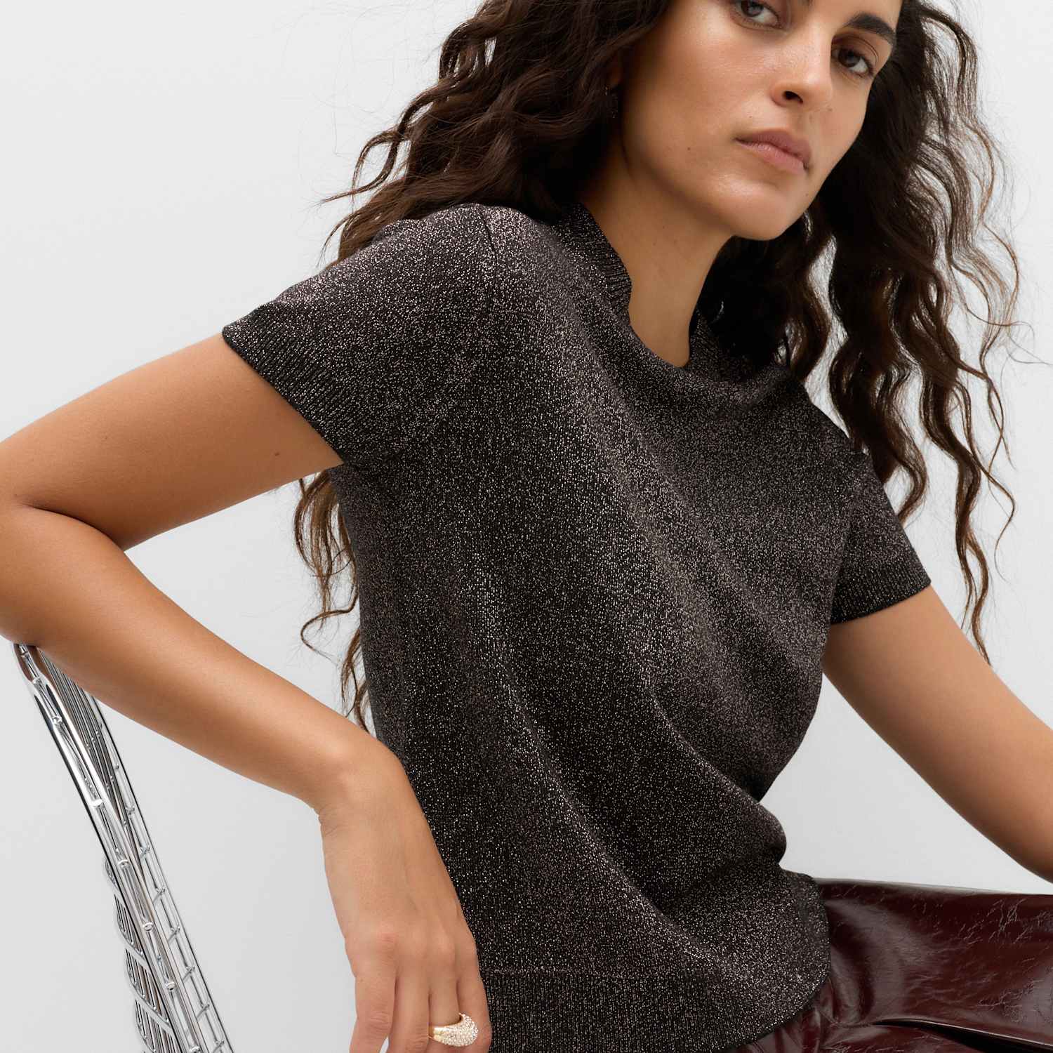 M&S Women's Sparkly Crew Neck Slim Fit Knitted Top - Large - Bronze Mix