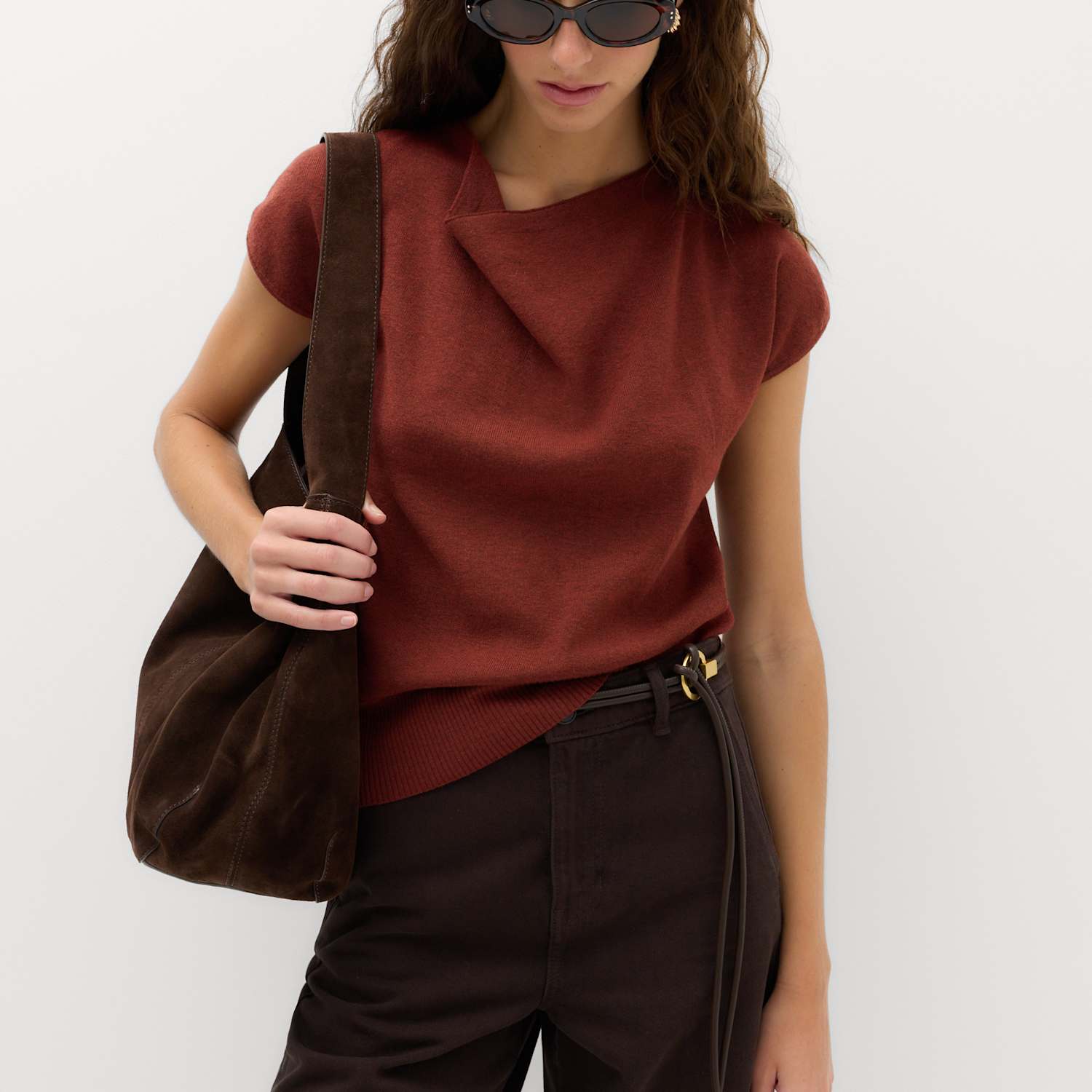 M&S Women's Draped Neck Knitted Top - Extra Small - Rust