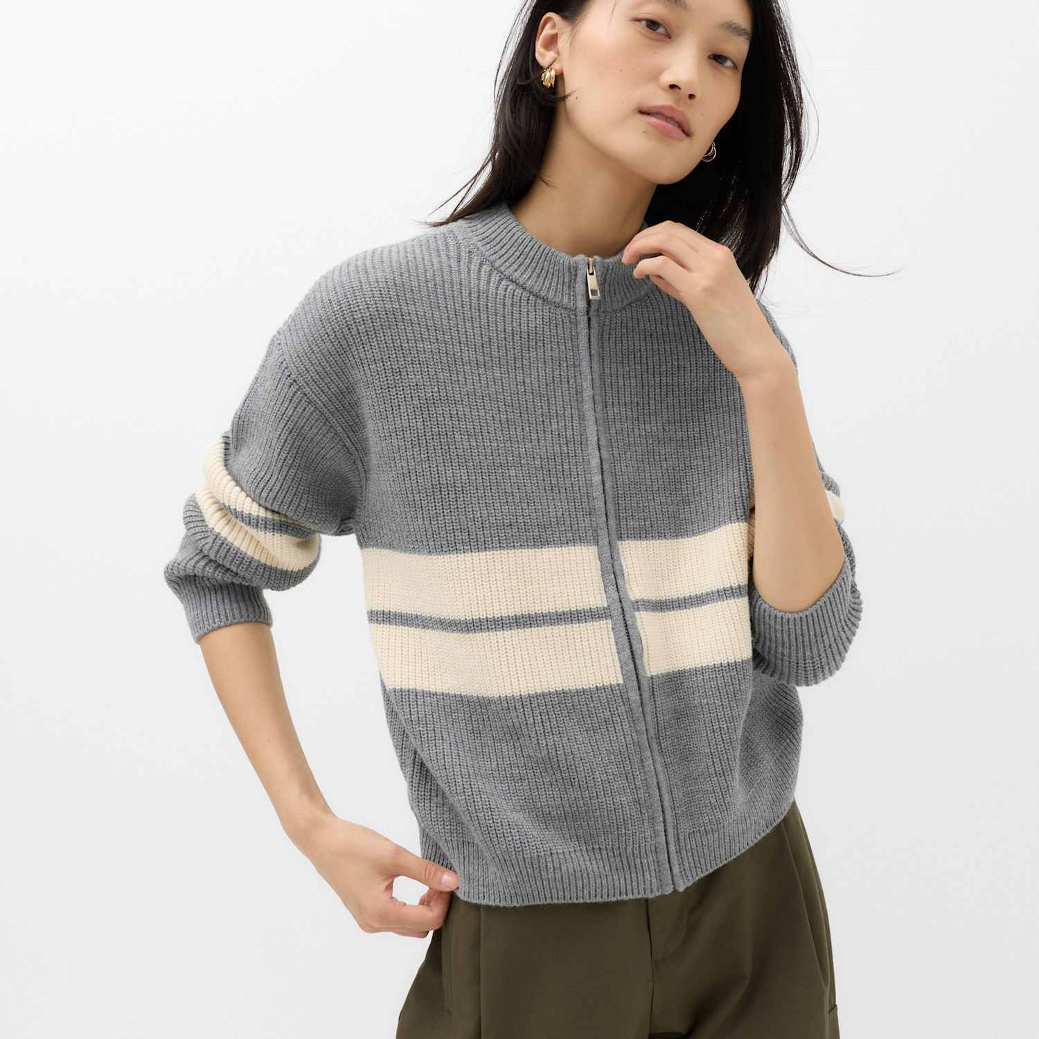 M&S Women's Striped Relaxed Knitted Jacket - Medium - Grey Mix