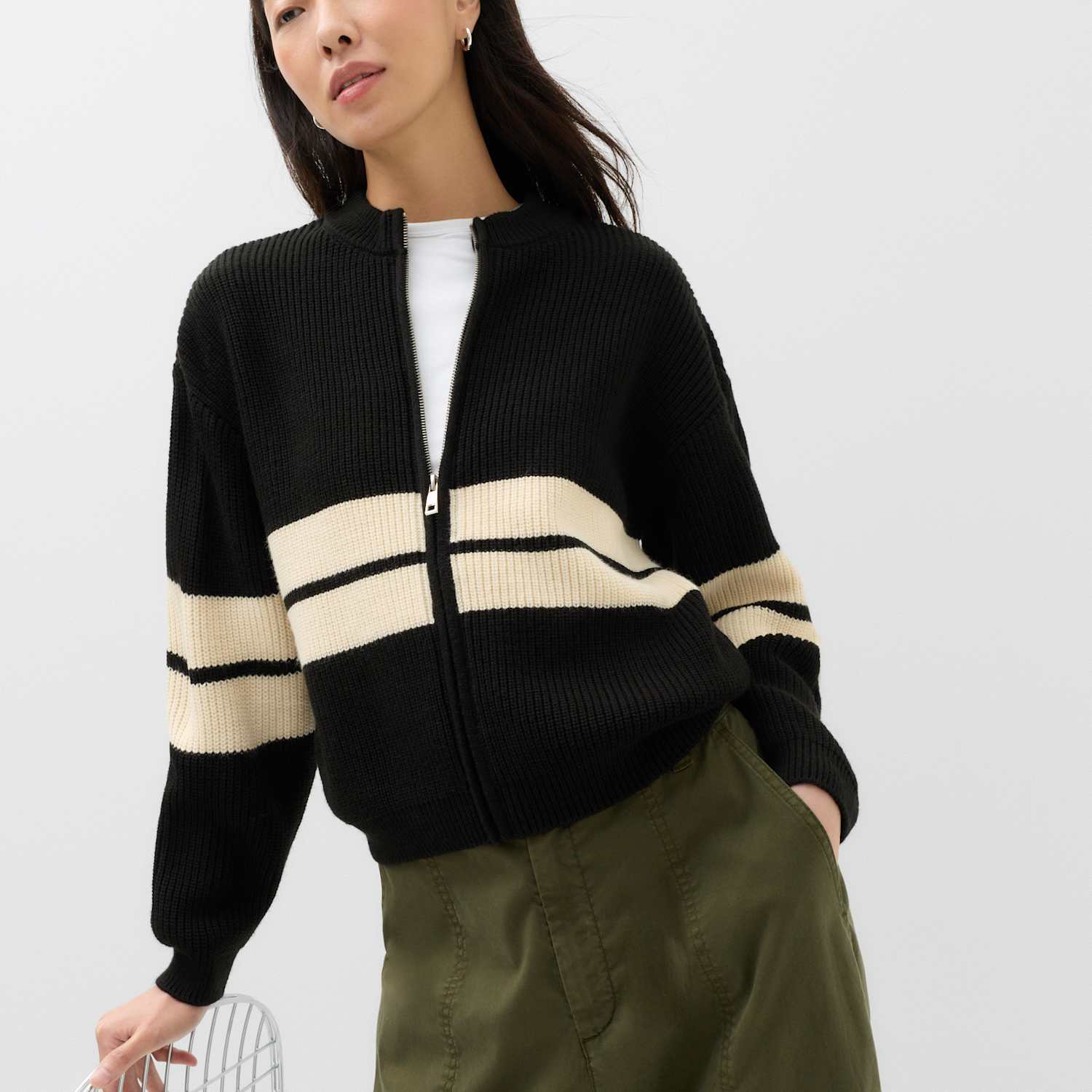 M&S Women's Striped Relaxed Knitted Jacket - Medium - Black Mix