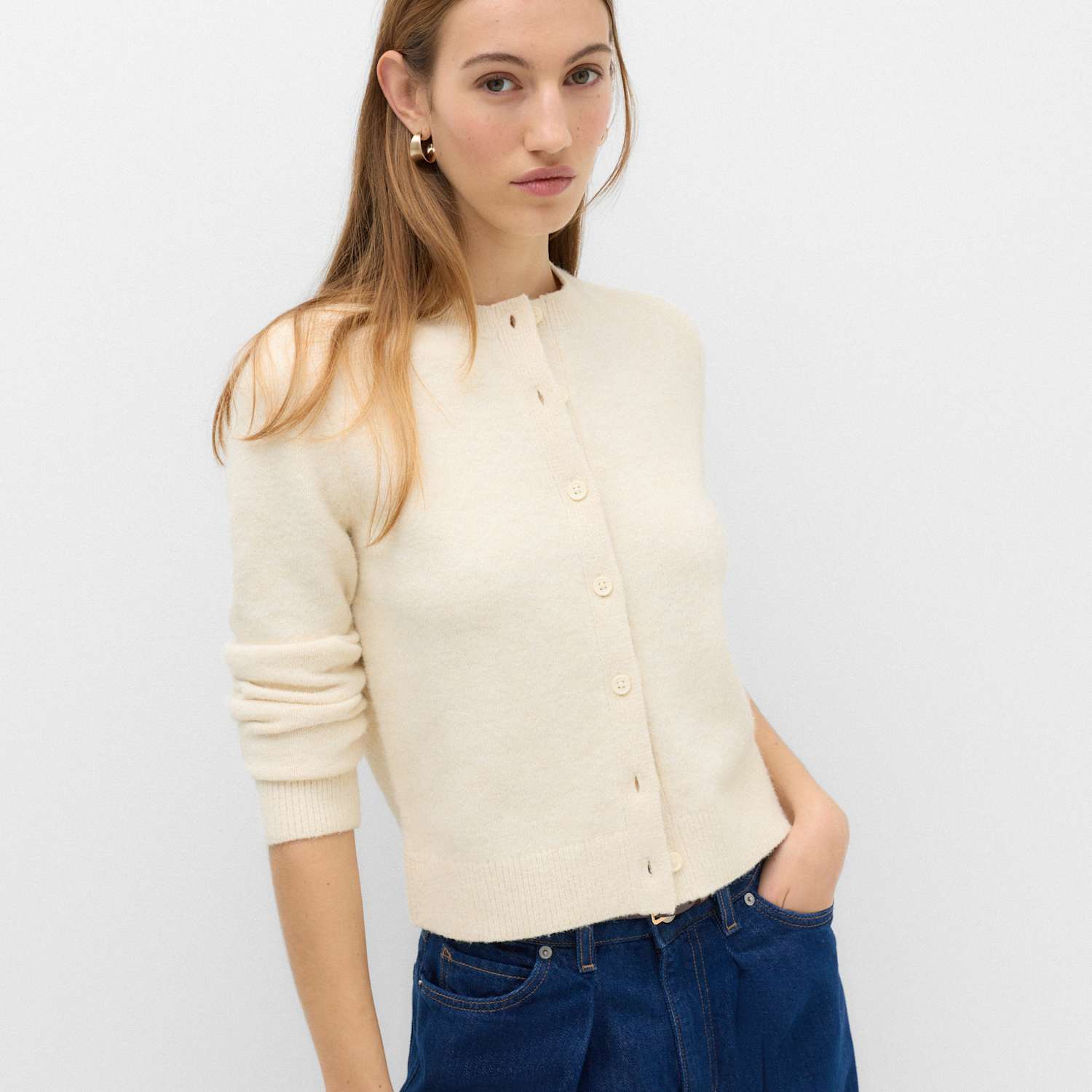 M&S Women's Crew Neck Cardigan - Medium - Medium Cream