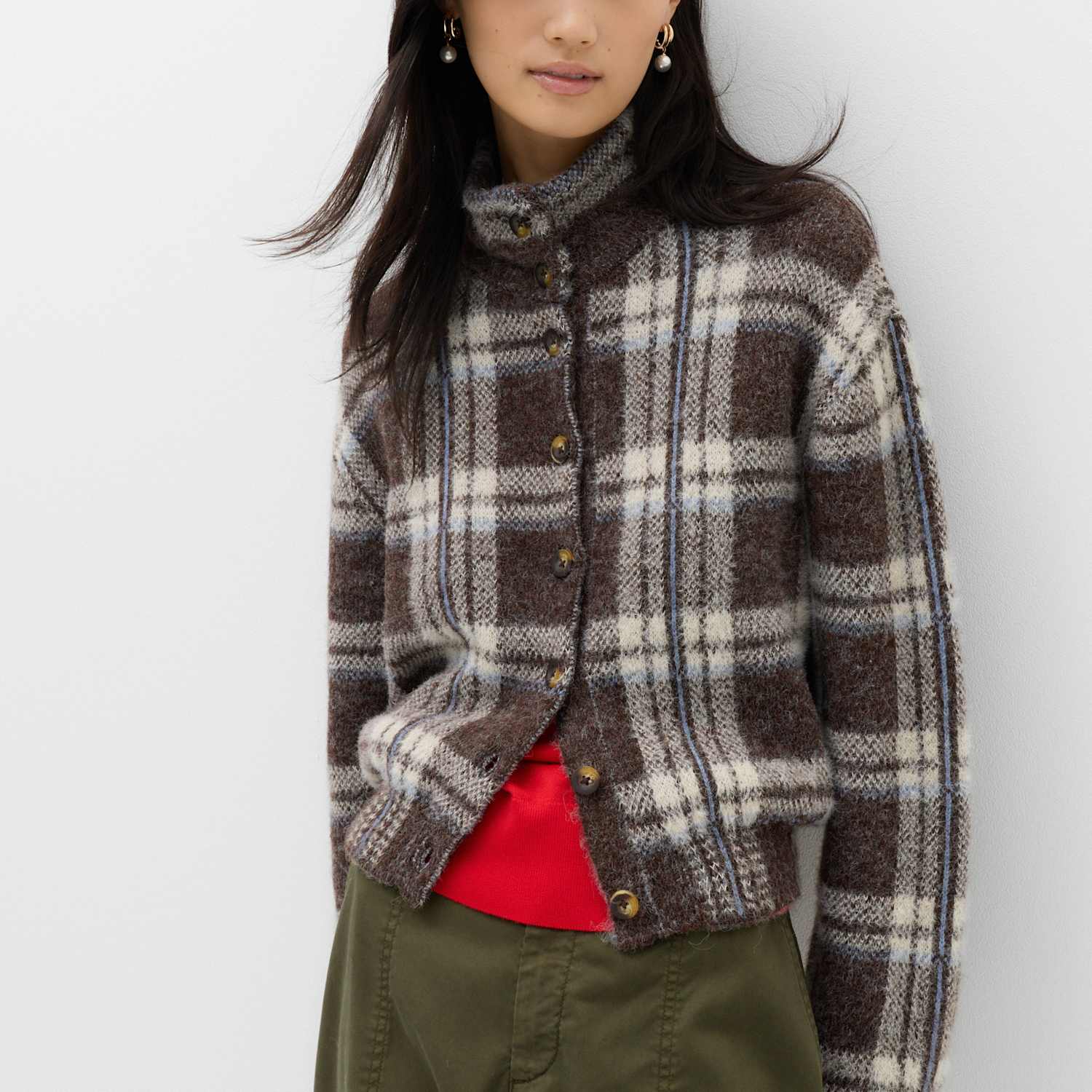 M&S Women's Checked Funnel Neck Relaxed Fit Knitted Jacket - Medium - Brown Mix