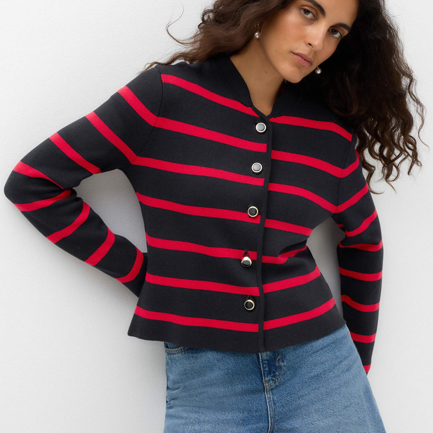M&S Women's Striped Crew Neck Knitted Jacket - Small - Midnight Navy