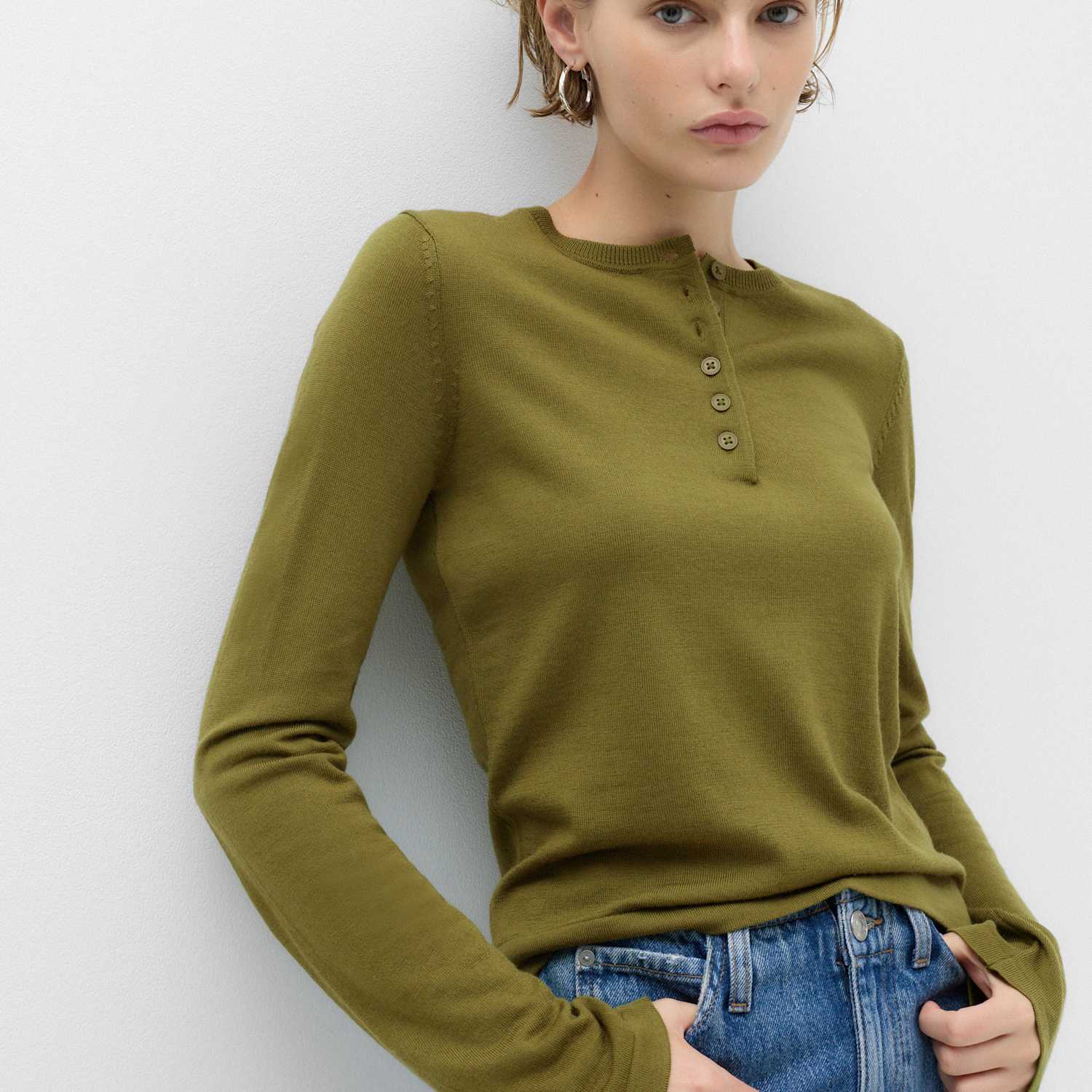 M&S Women's Pure Merino Henley Neck Jumper - Small - Moss
