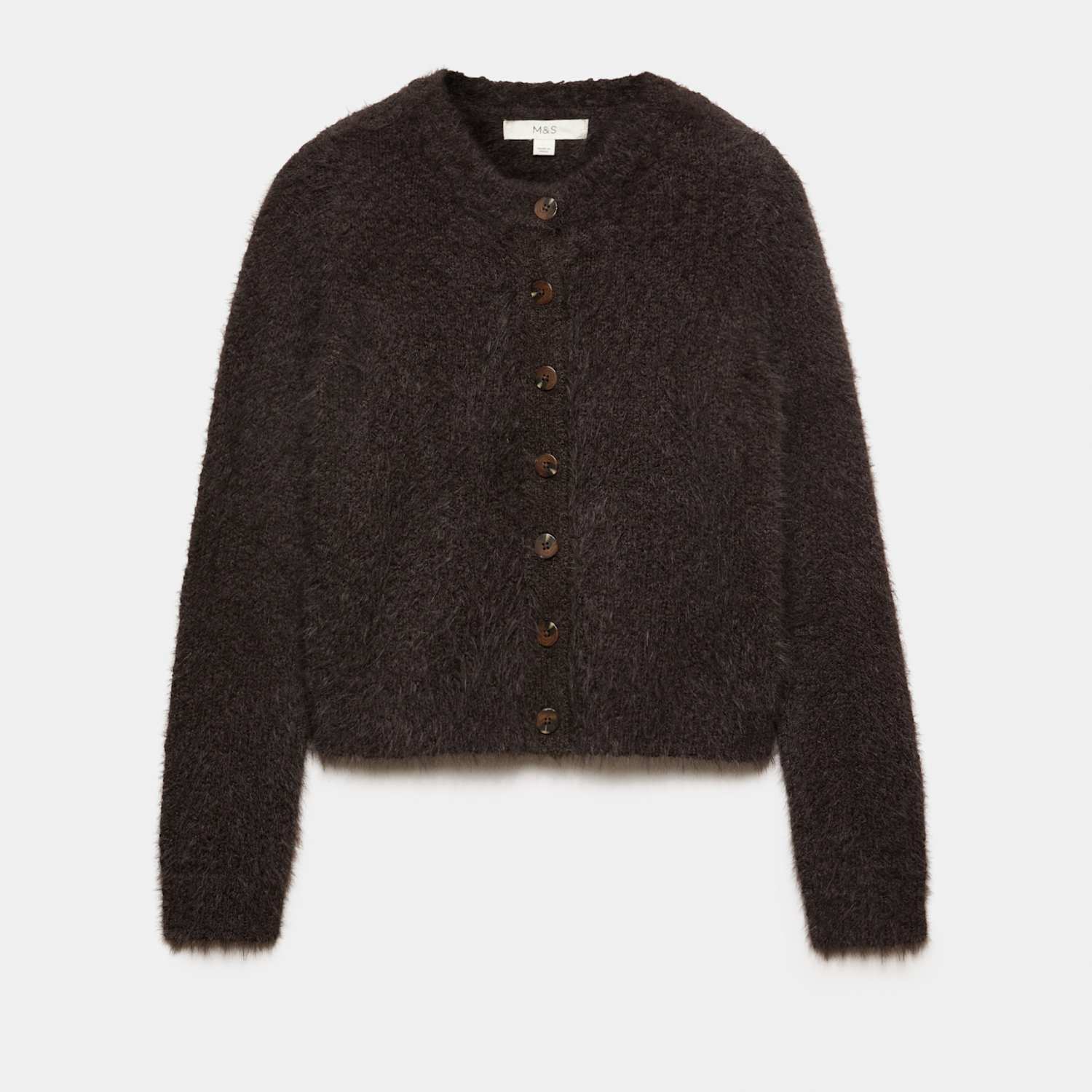 M&S Women's Textured Crew Neck Cardigan - Extra Large - Bitter Chocolate