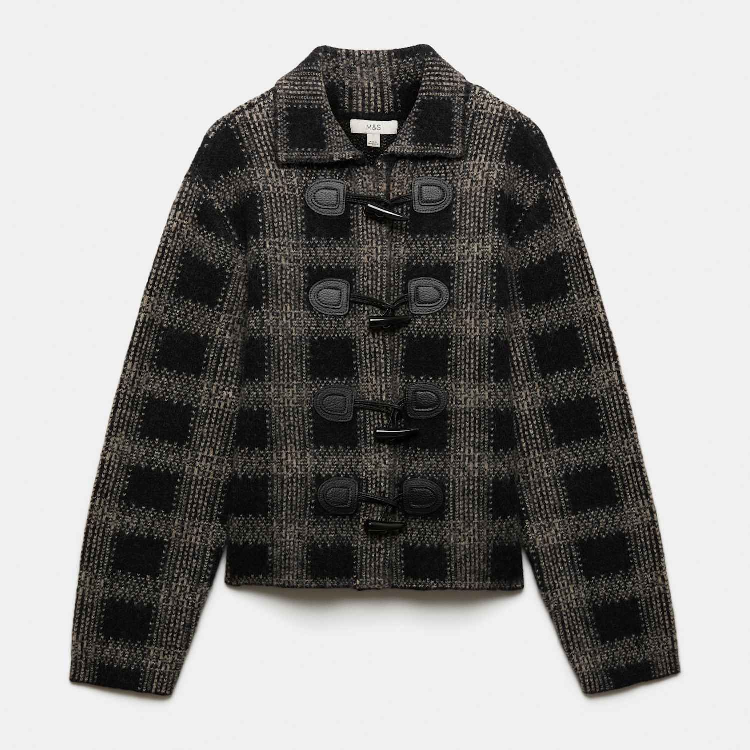 M&S Women's Checked Toggle Knitted Jacket with Wool - Large - Black Mix