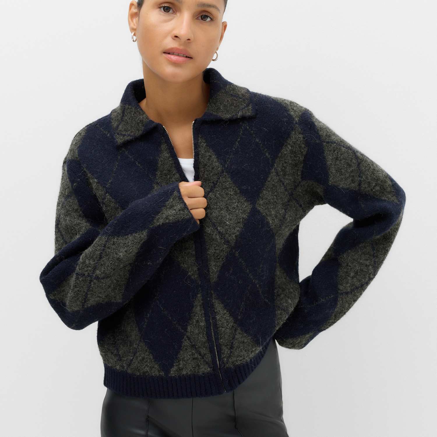 M&S Women's Argyle Collared Zip Up Knitted Jacket - Large - Navy Mix