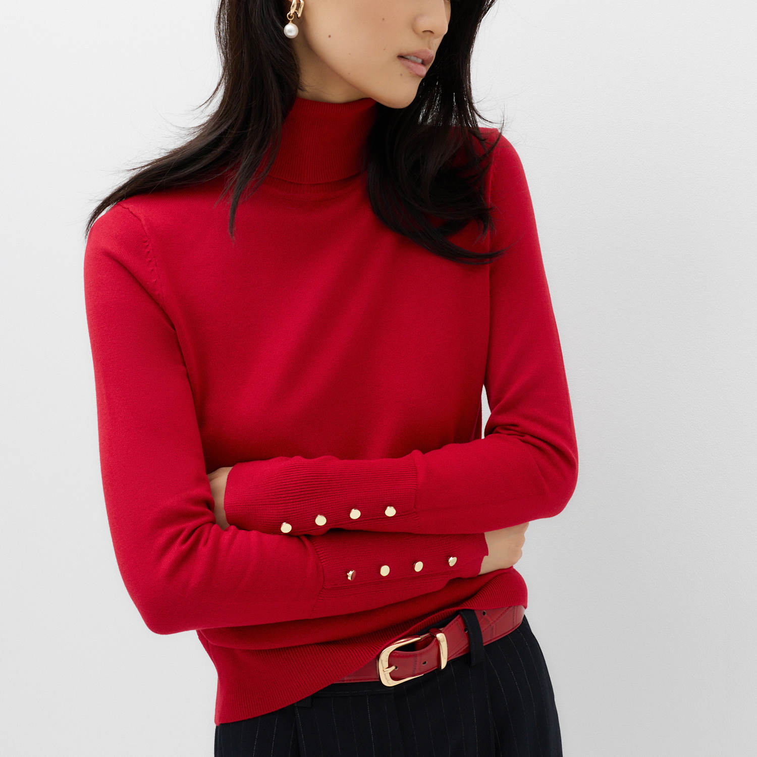 M&S Women's Slim Fit Roll Neck Fitted Jumper - Small - Ruby Red