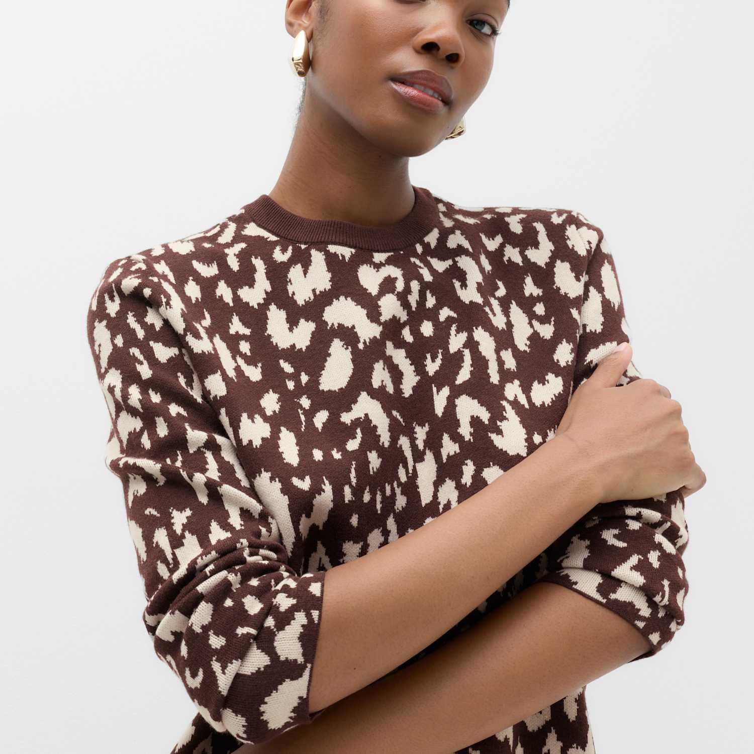 M&S Women's Animal Print Crew Neck Relaxed Jumper - Medium - Brown Mix