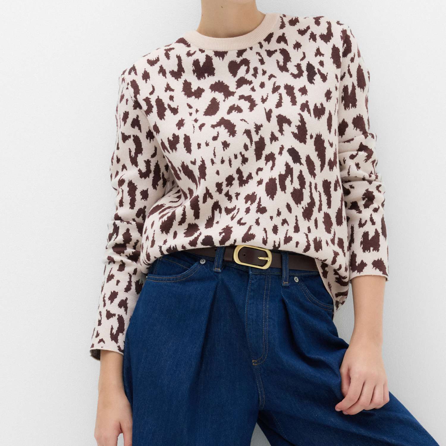 M&S Women's Animal Print Crew Neck Relaxed Jumper - Medium - Cappuccino