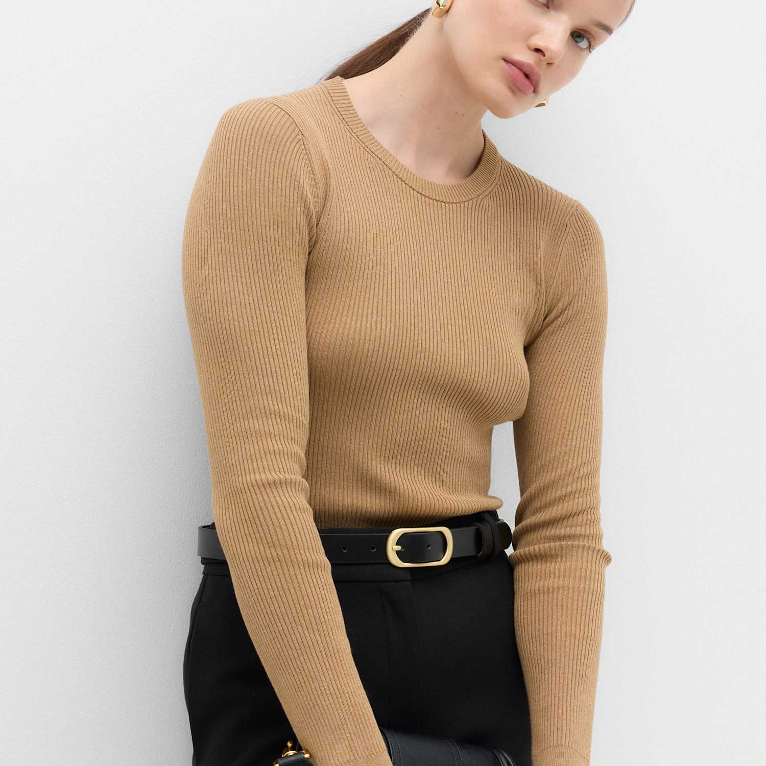 M&S Women's Ribbed Crew Neck Fitted Jumper - Small - Spice