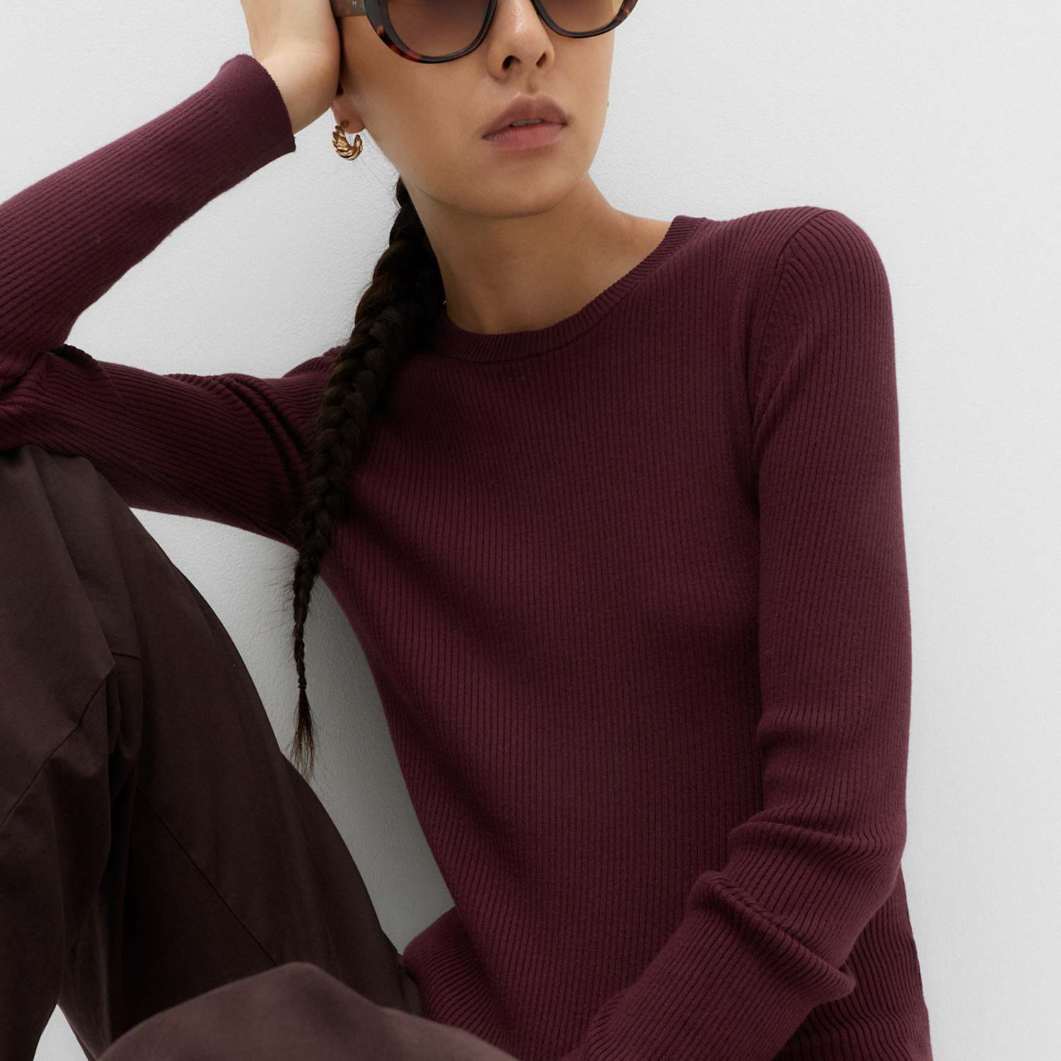 M&S Women's Ribbed Crew Neck Fitted Jumper - Small - Burgundy