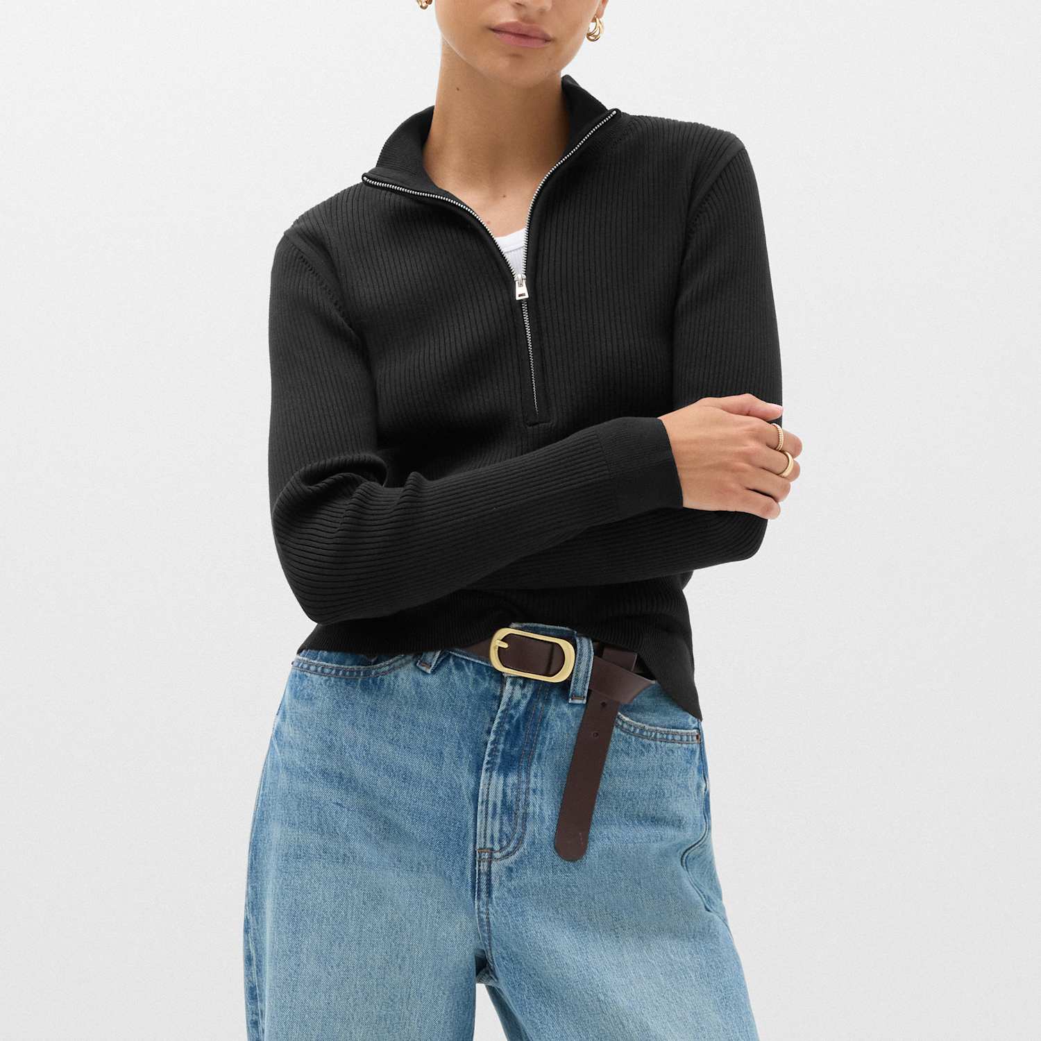 M&S Women's Ribbed Textured Half Zip Fitted Knitted Top - Small - Black
