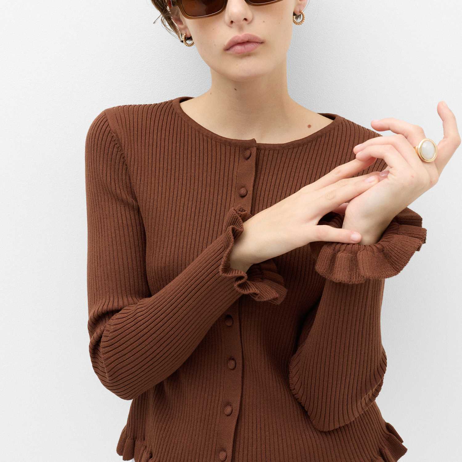 M&S Women's Ribbed Frill Detail Slim Fit Cardigan - Small - Conker