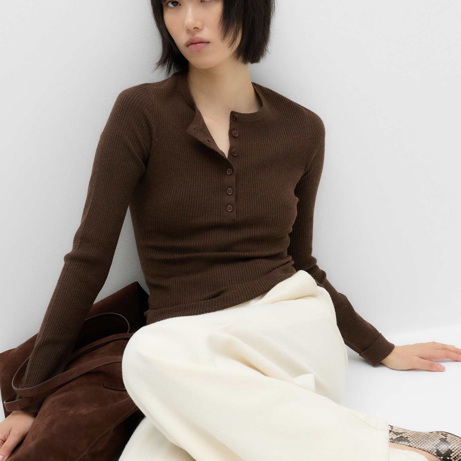 M&S Women's Ribbed Henley Neck Fitted Knitted Top - Medium - Nutmeg