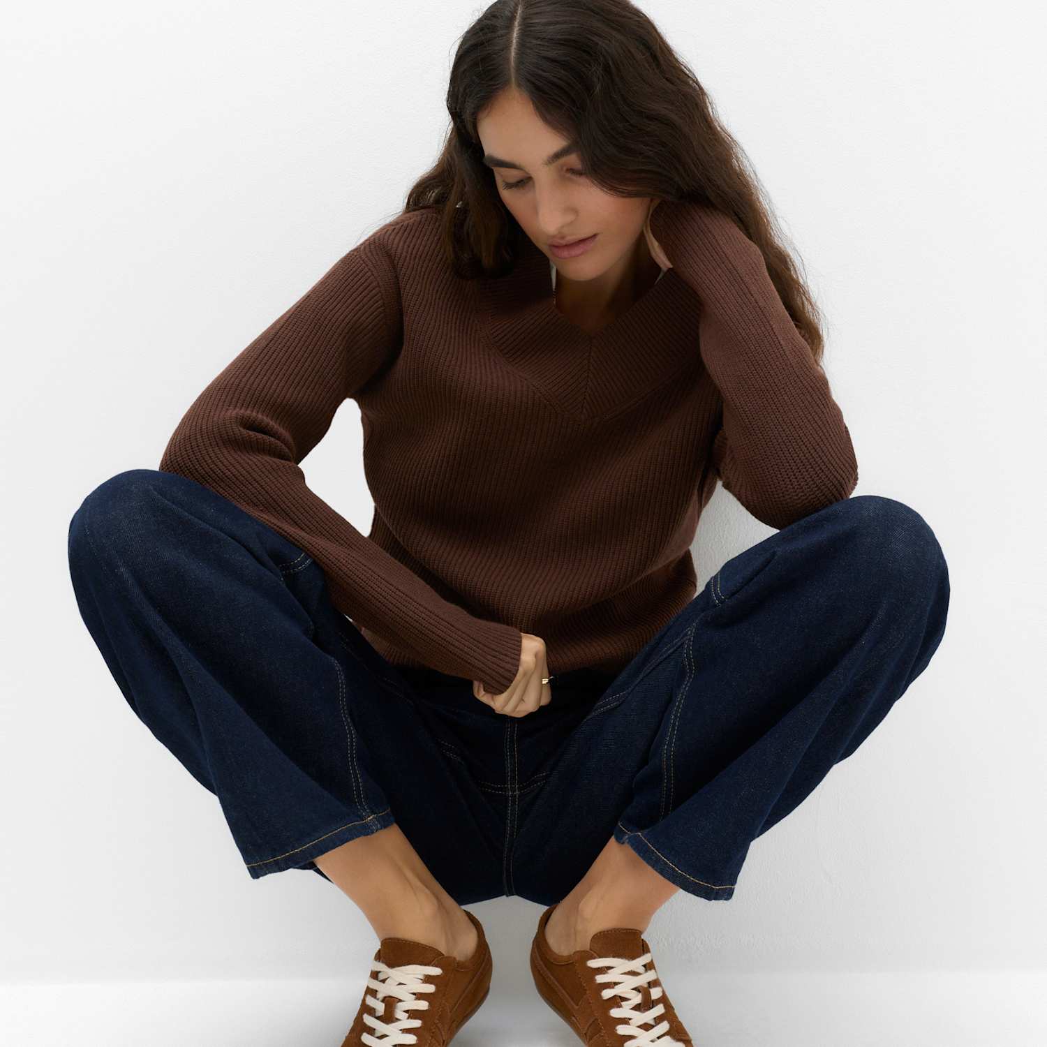 M&S Women's Ribbed V-Neck Longline Jumper - Small - Conker