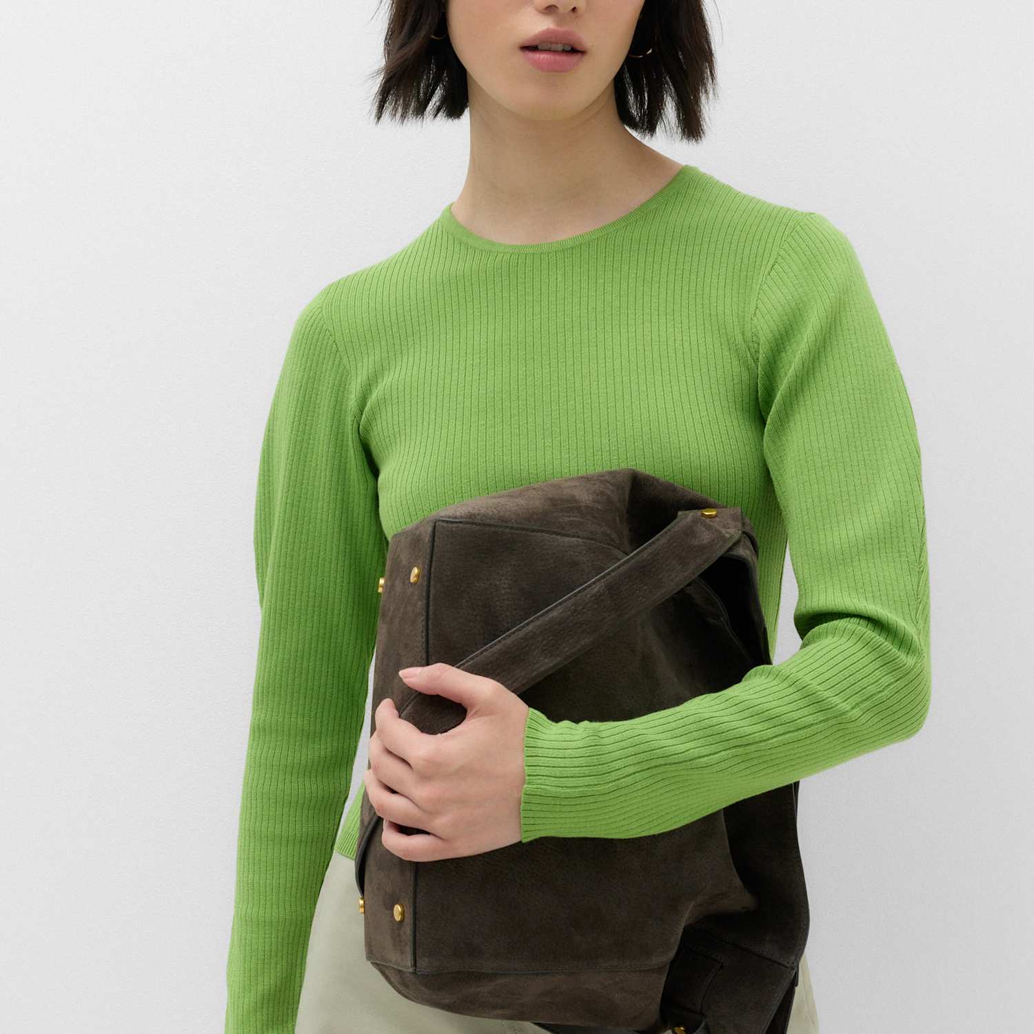 M&S Women's Ribbed Crew Neck Fitted Knitted Top - Large - Green