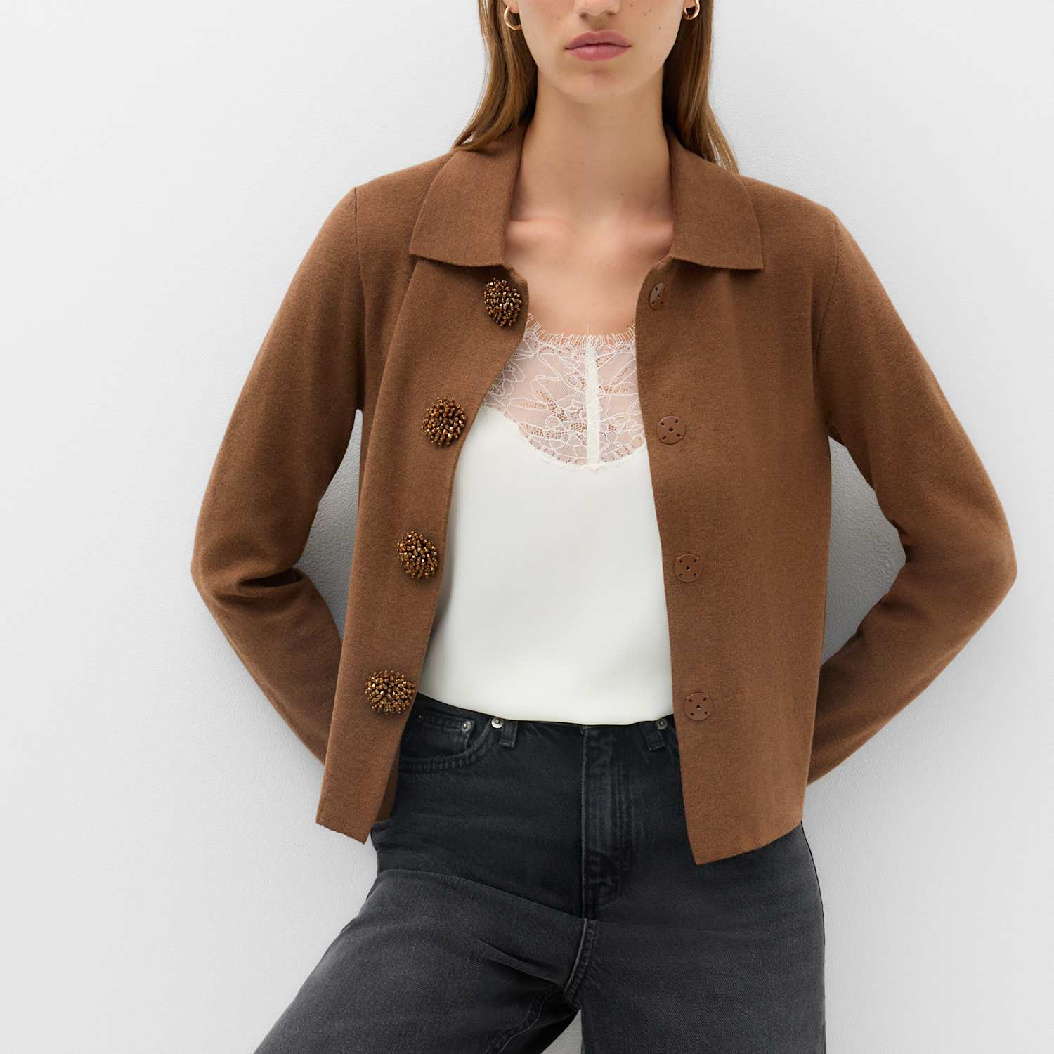 M&S Women's Embellished Collared Cardigan - Extra Small - Caramel