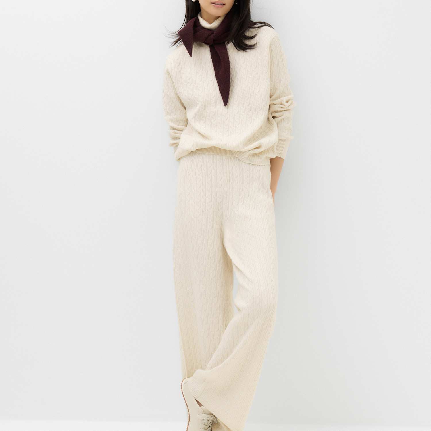 M&S Women's Cable Knit High Waisted Wide Leg Knitted Trousers - Small - Light Natural