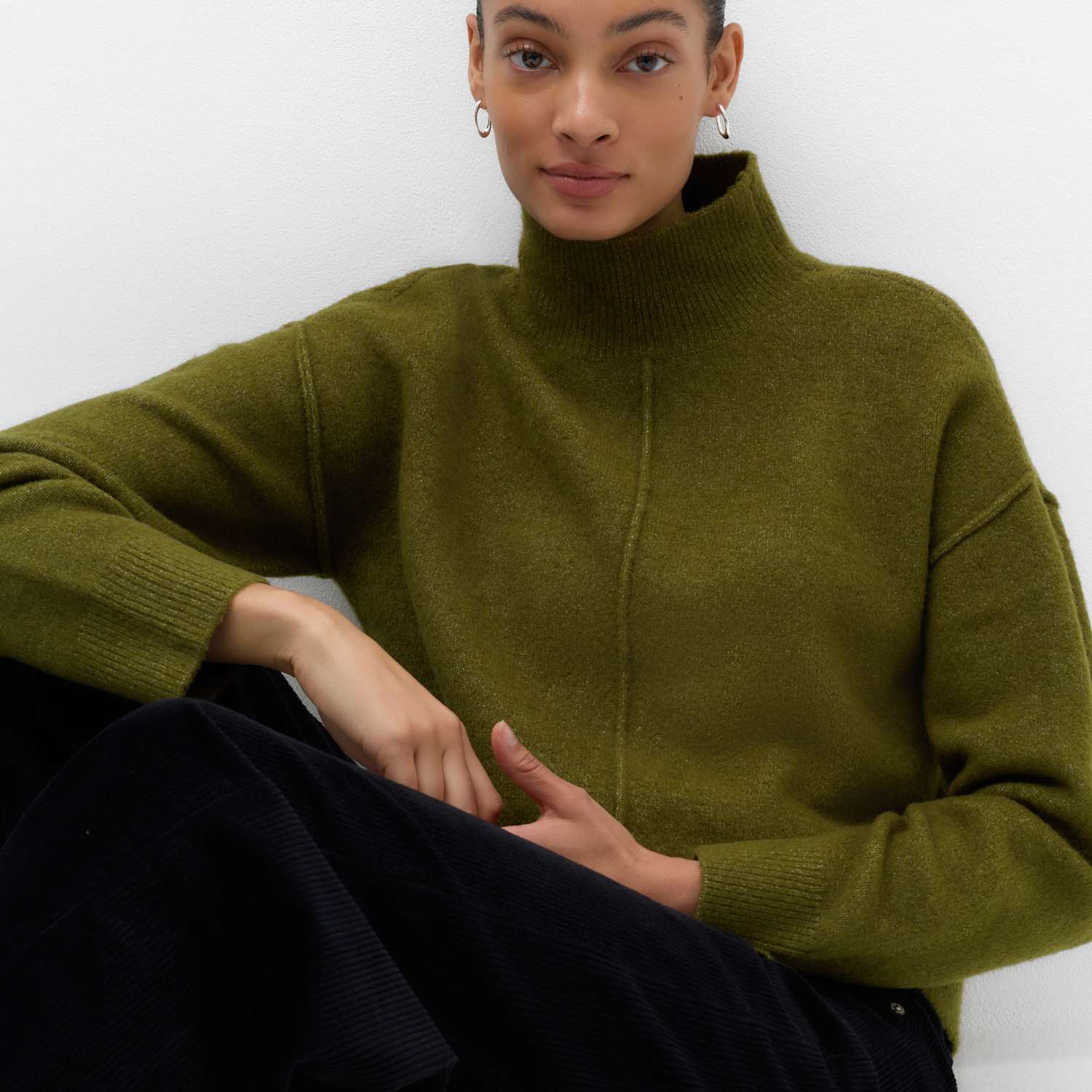 M&S Women's Funnel Neck Seam Detail Relaxed Jumper - Large - Sage
