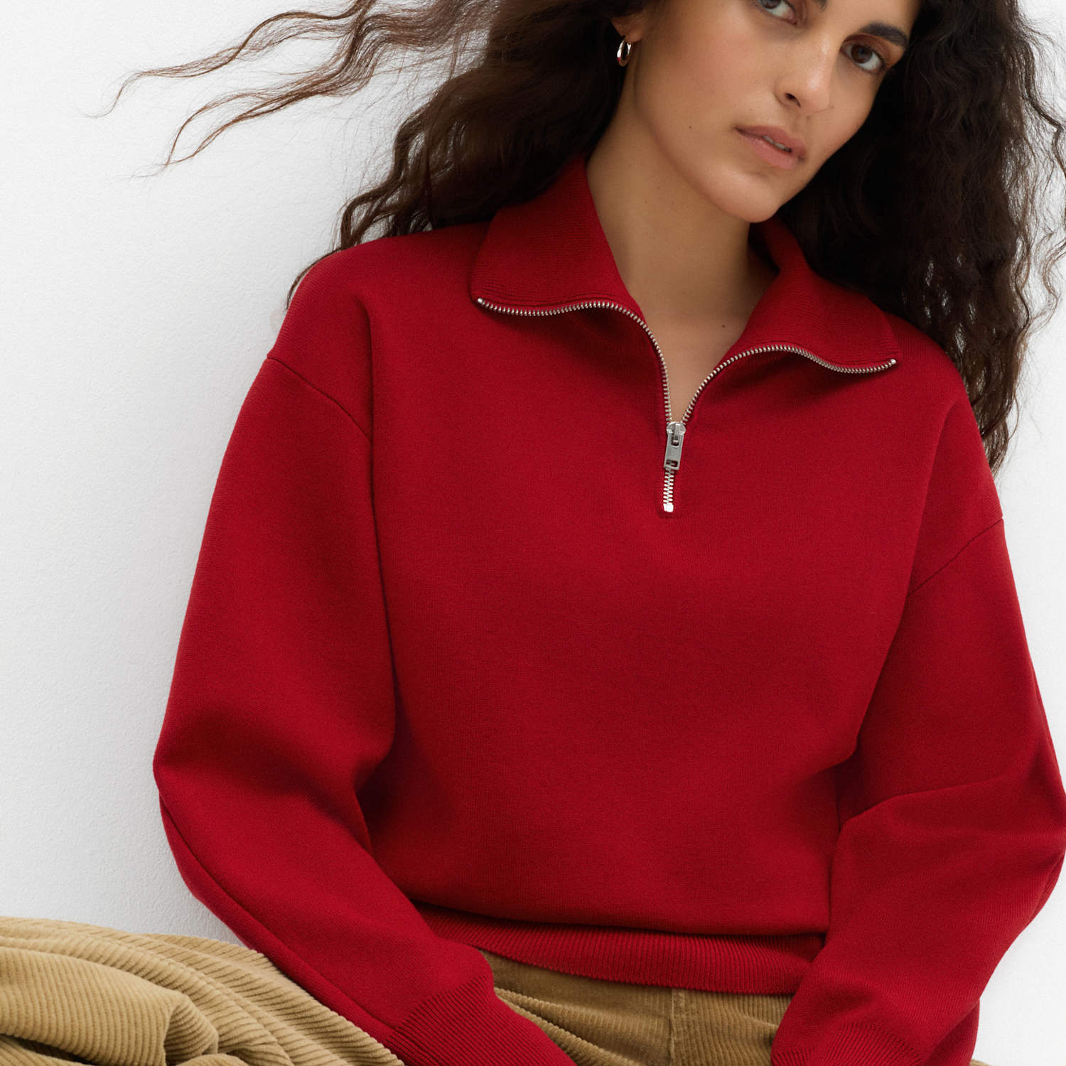 M&S Women's Rayon Rich Collared Zip Up Relaxed Jumper - Large - Ruby Red