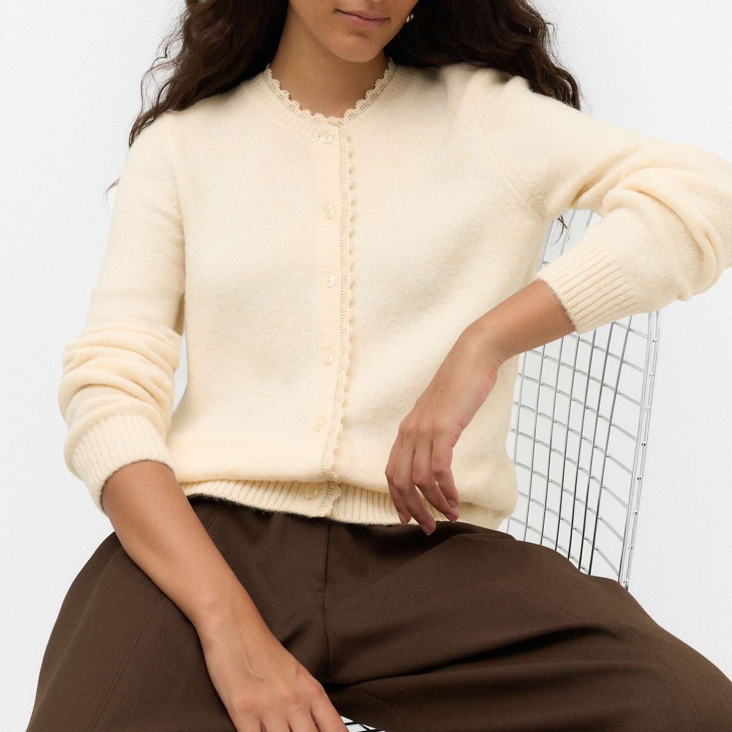 M&S Women's Lace Detail Crew Neck Cardigan - Large - Ivory Mix