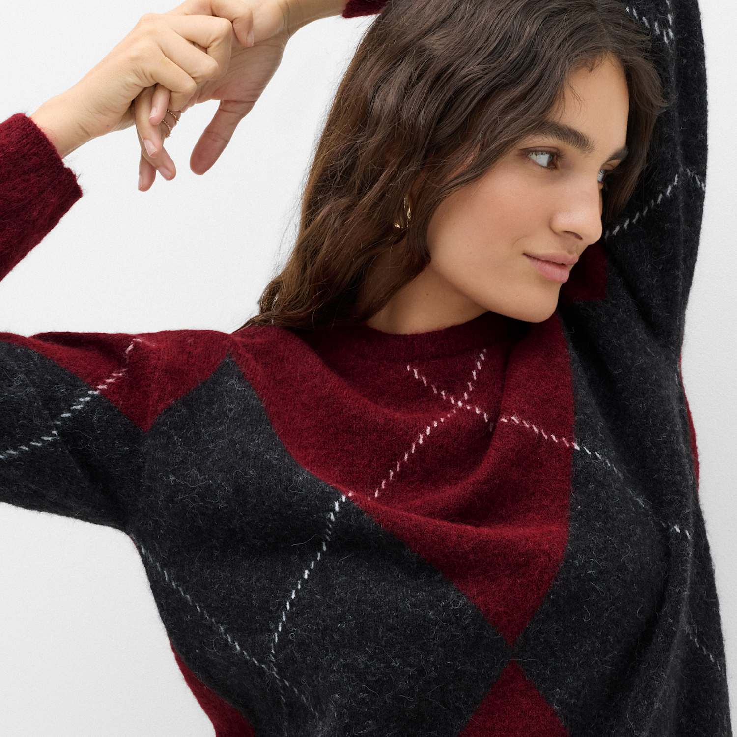 M&S Women's Argyle Crew Neck Oversized Jumper - Large - Red Mix