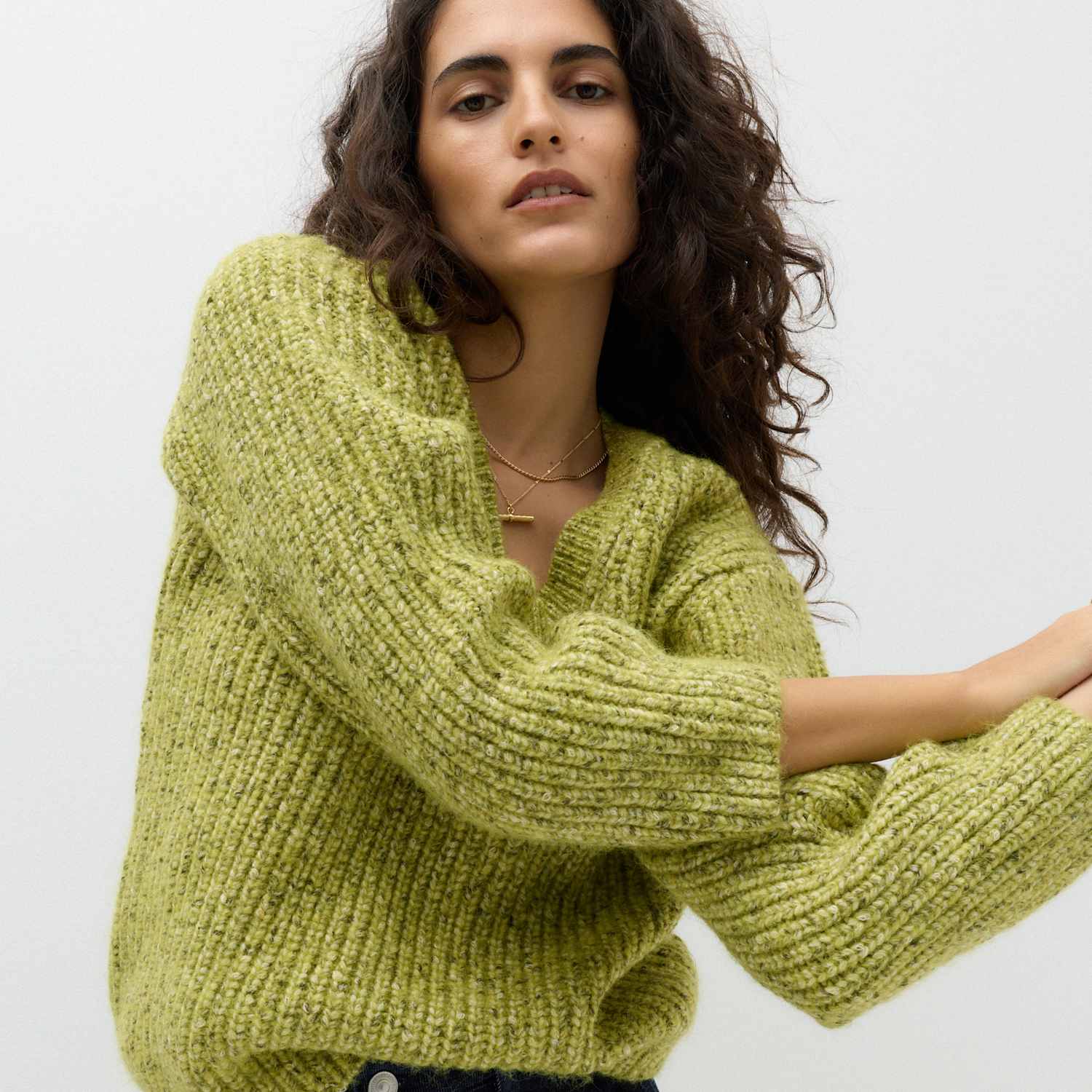 M&S Women's Textured V Neck Jumper - Large - Green Mix