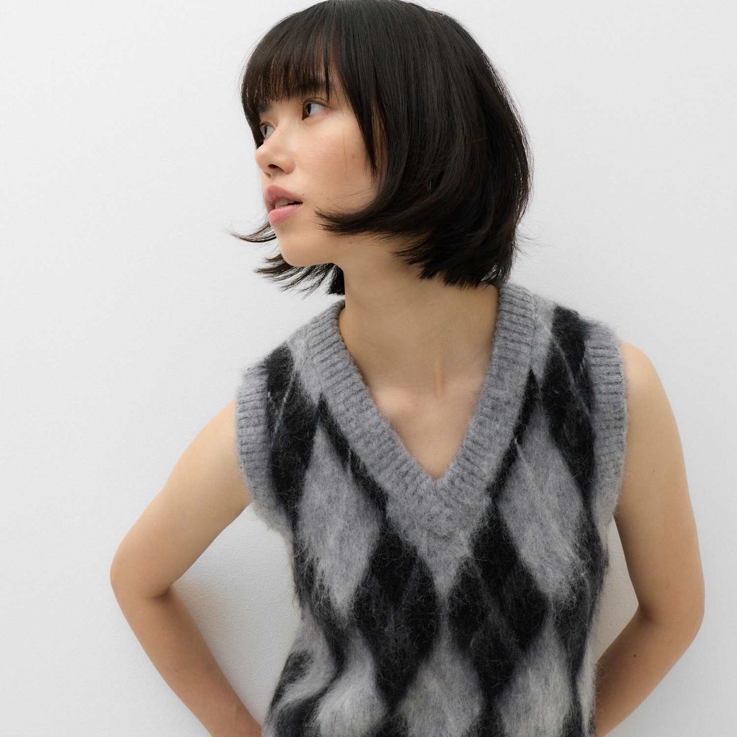 M&S Women's Brushed Argyle Knitted Vest - Small - Grey Mix