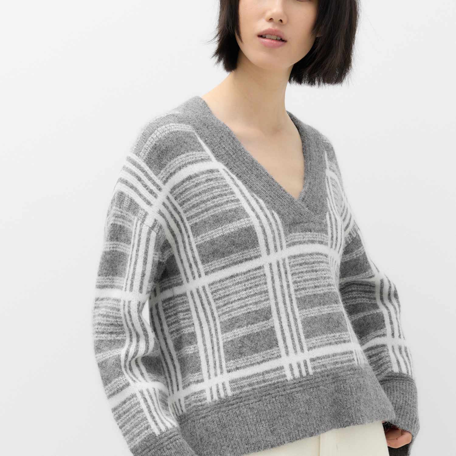M&S Women's Checked V Neck Relaxed Jumper - Small - Grey Mix