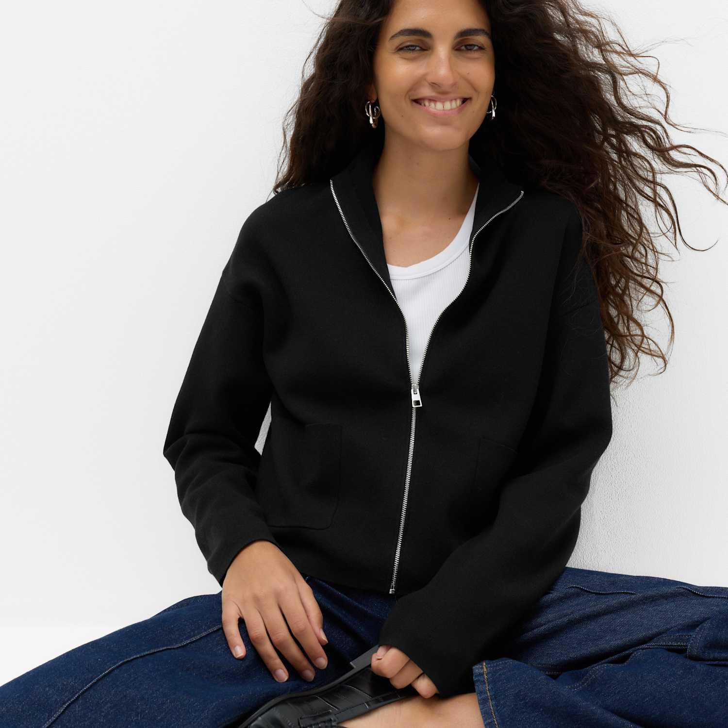 M&S Women's Rayon Rich Funnel Neck Zip Up Pocket Detail Knitted Jacket - Small - Black