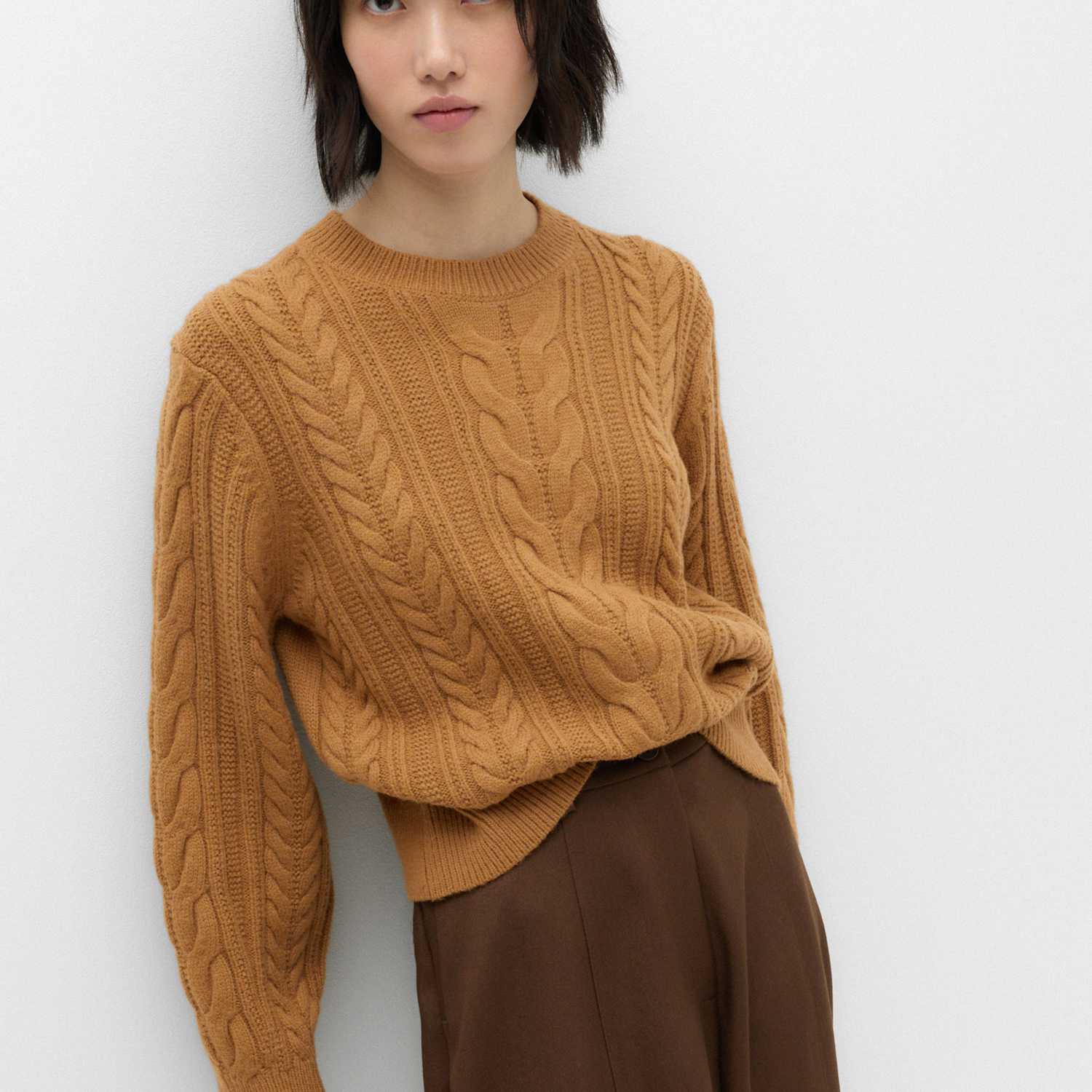 M&S Women's Wool Blend Cable Knit Jumper - Small - Caramel