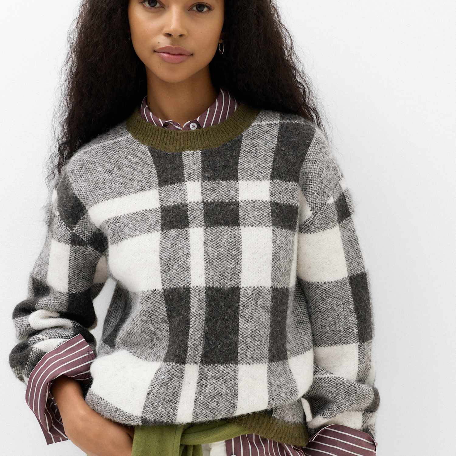 M&S Women's Checked Crew Neck Jumper - Small - Dark Khaki