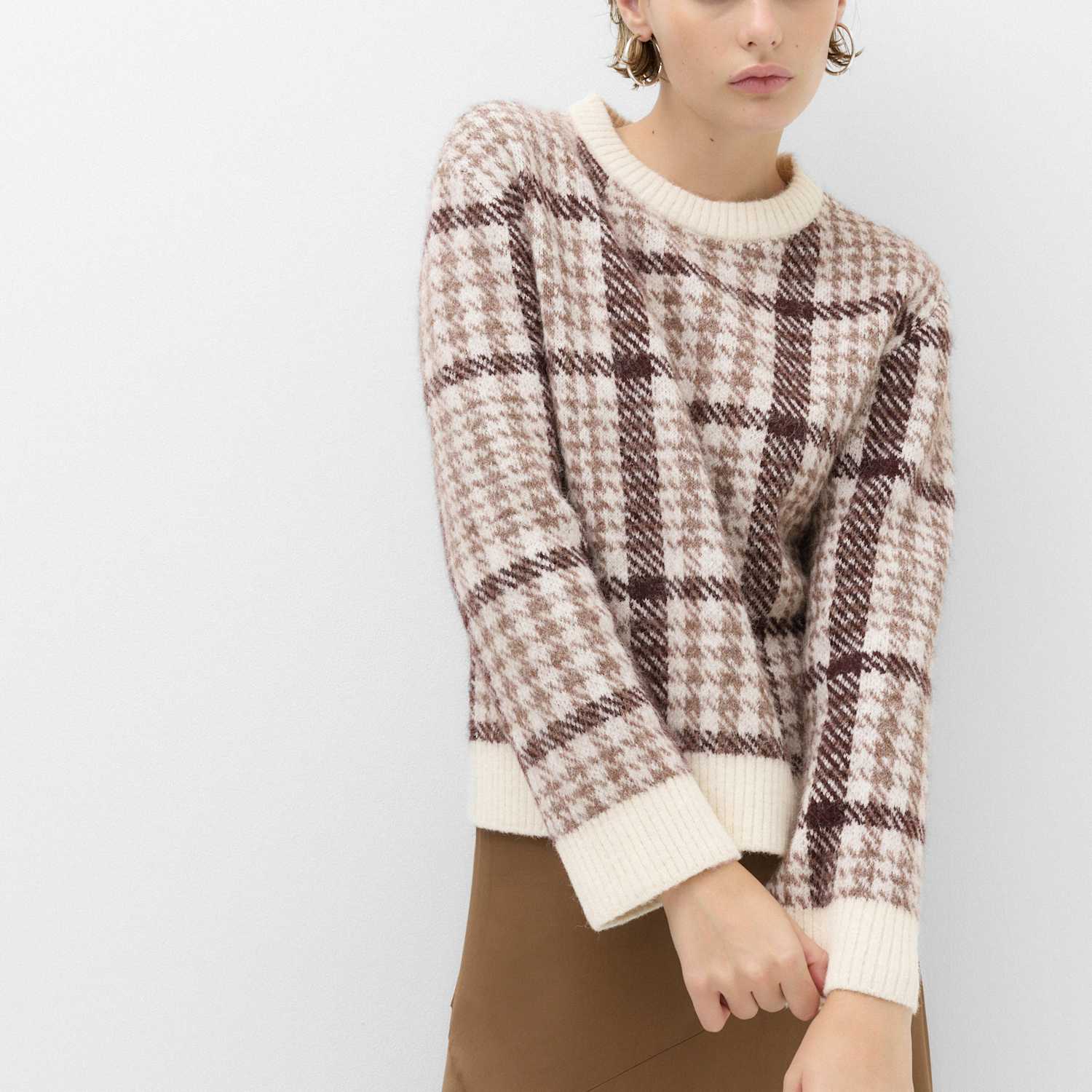 M&S Women's Dogtooth Crew Neck Relaxed Jumper - Small - Ivory Mix