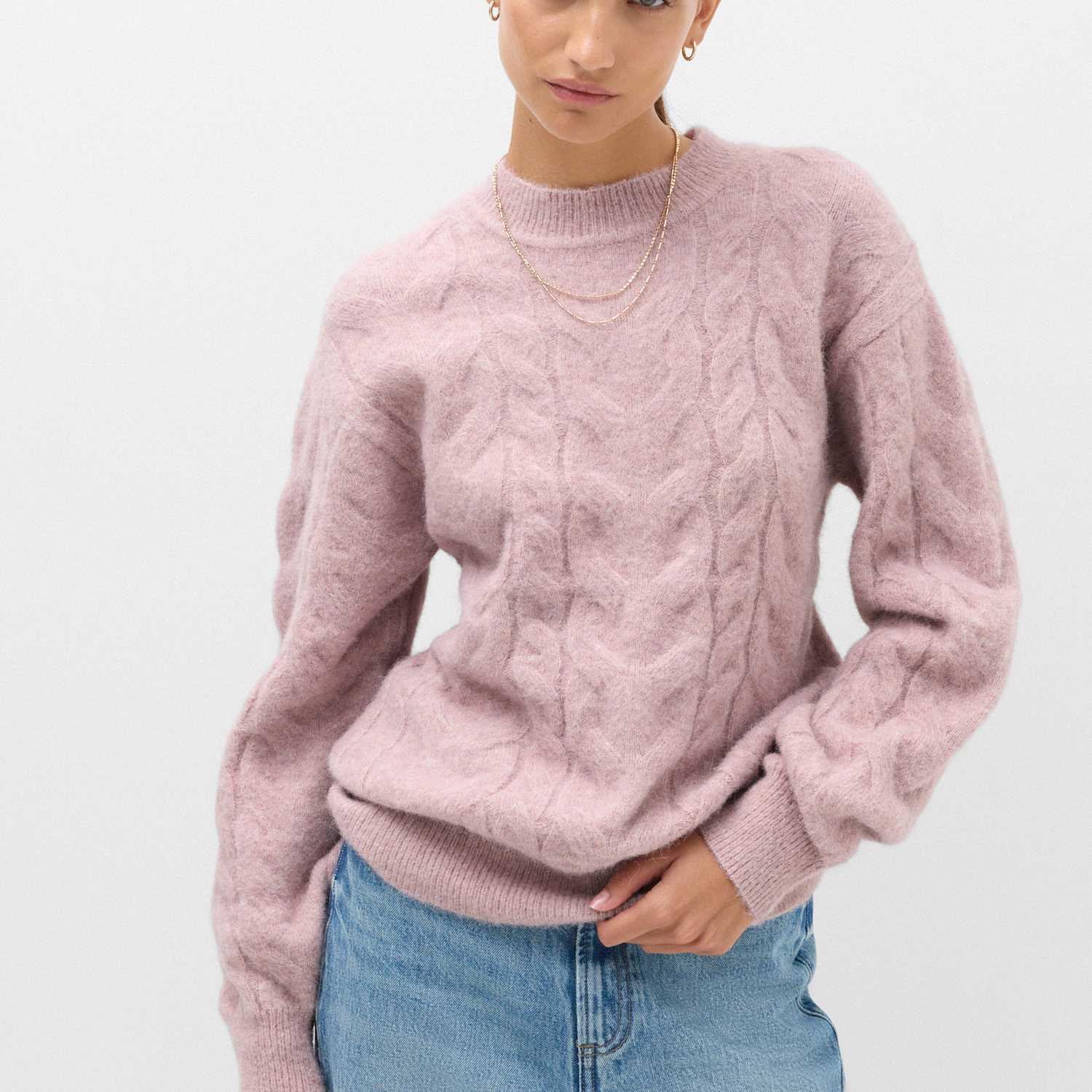 M&S Women's Cable Knit Crew Neck Jumper - Small - Mallow