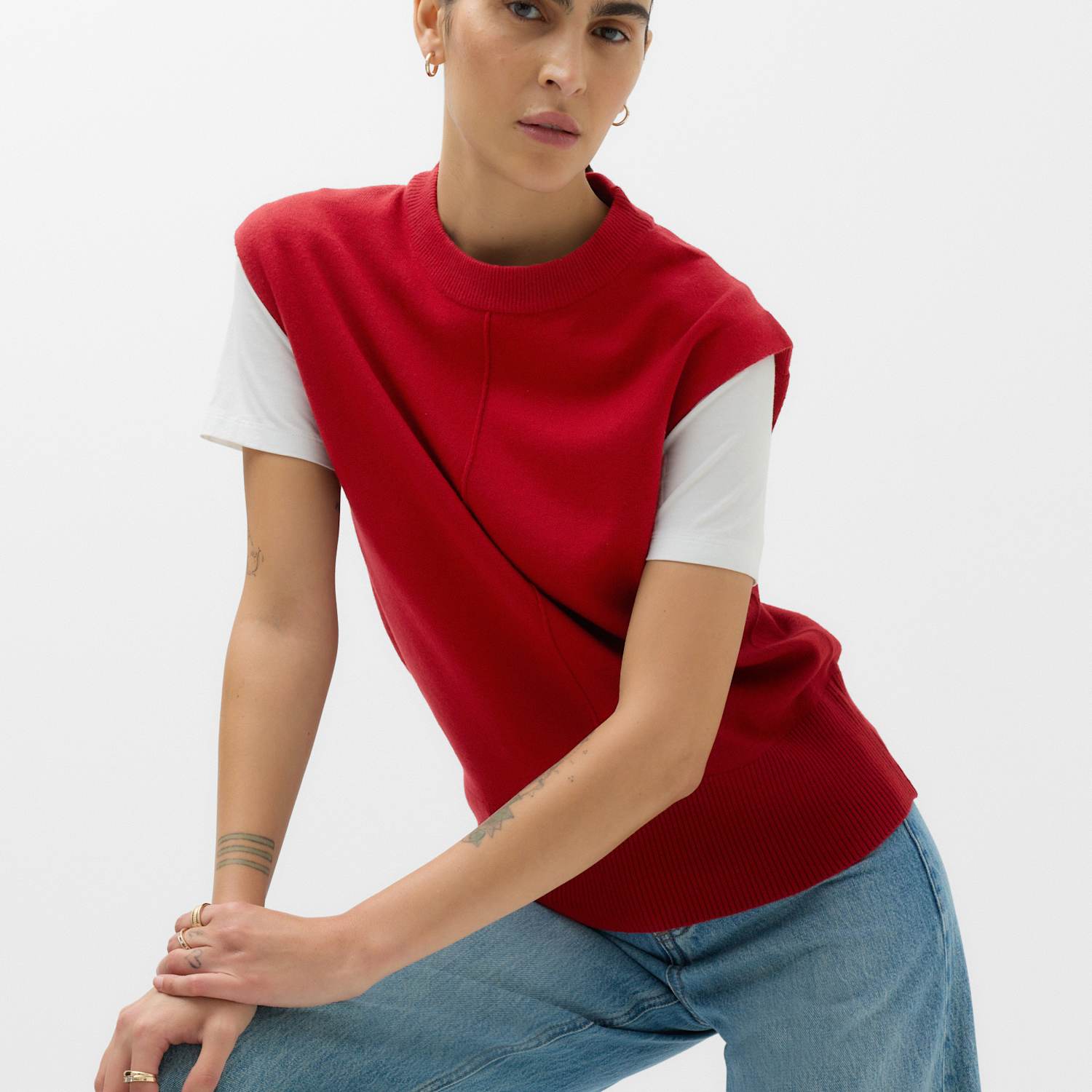M&S Women's Air-Yarn Seam Detail Longline Knitted Vest - Medium - Ruby Red