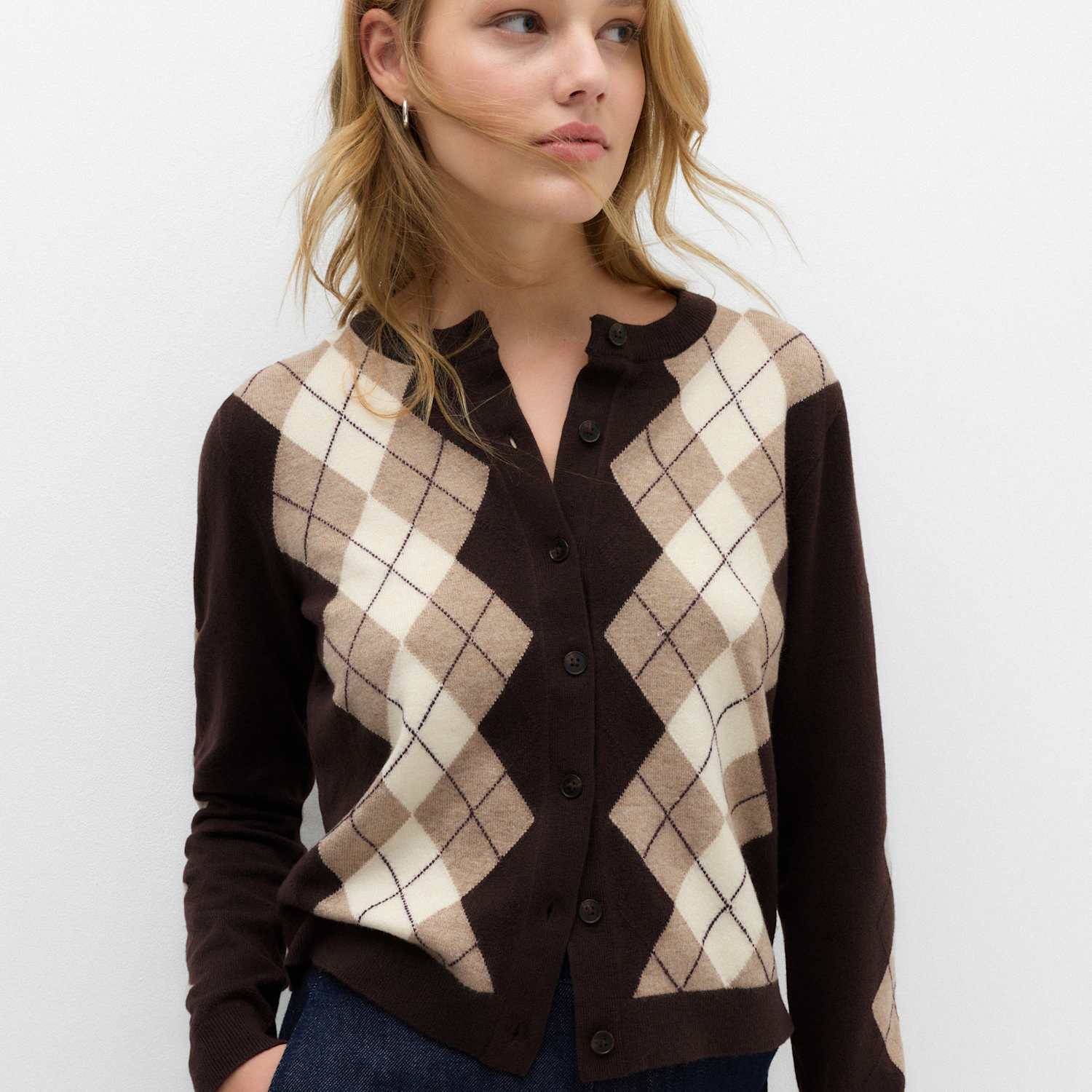 M&S Women's Argyle Button Front Cardigan - Large - Bitter Chocolate