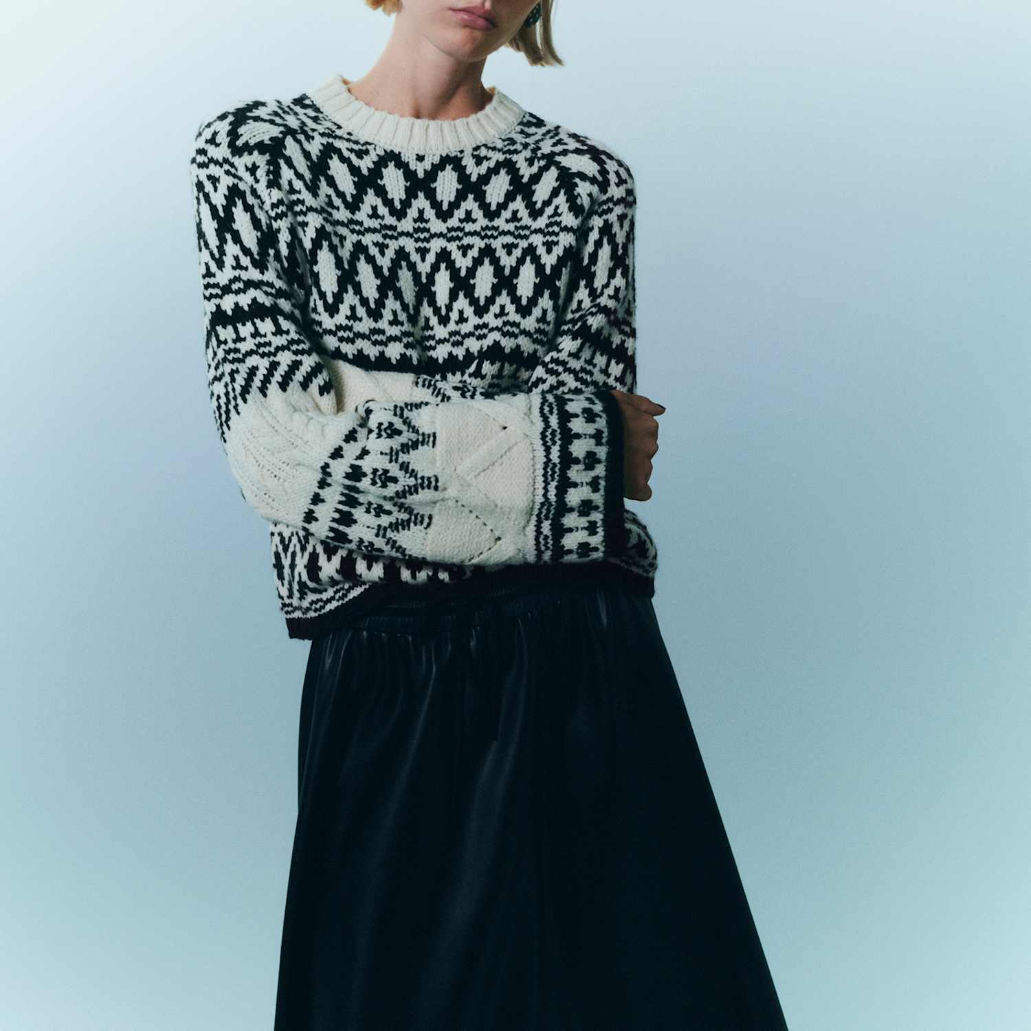 M&S Women's Fair Isle Cable Knit Crew Neck Jumper - Large - Cream Mix