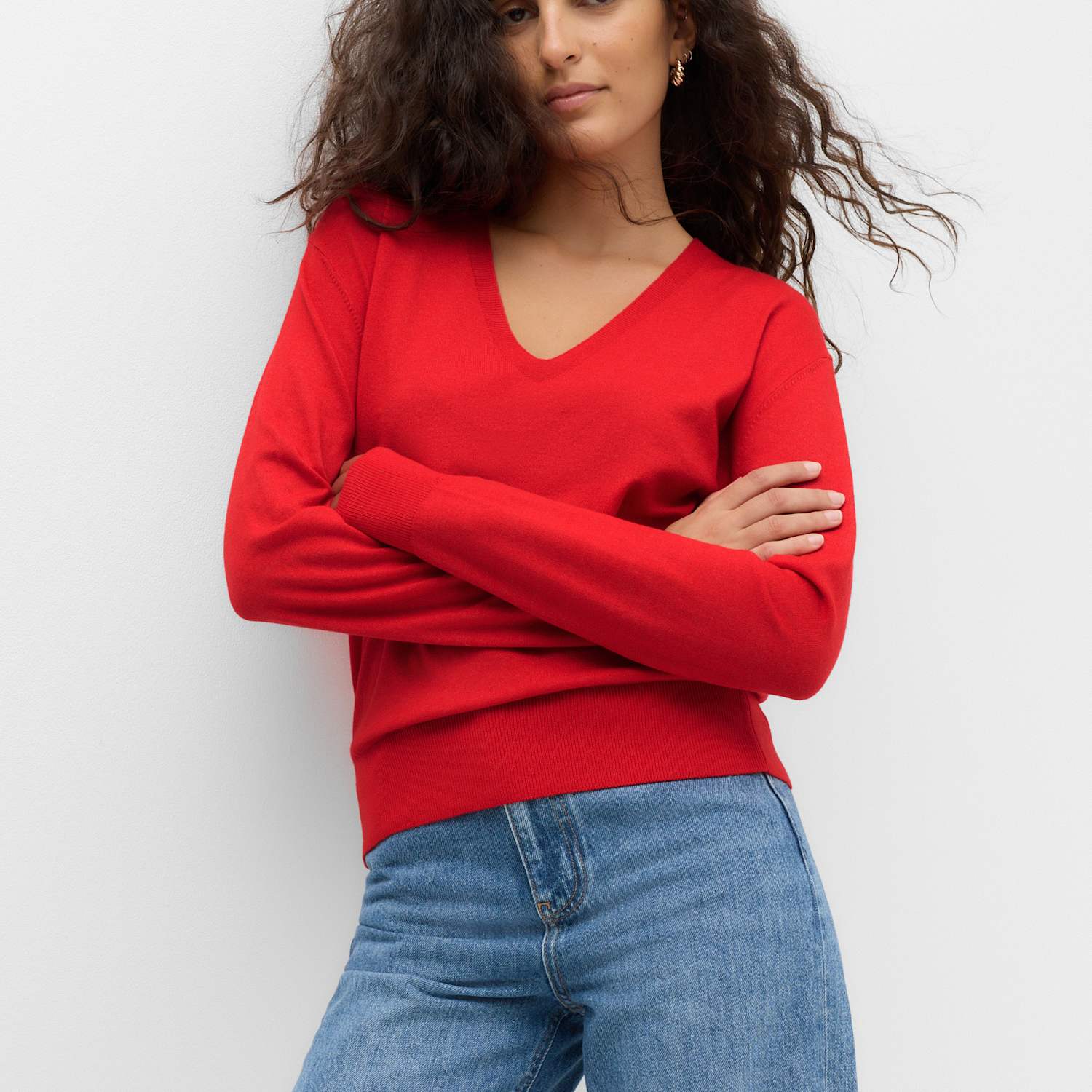 M&S Women's V Neck Relaxed Jumper - Small - Bright Red