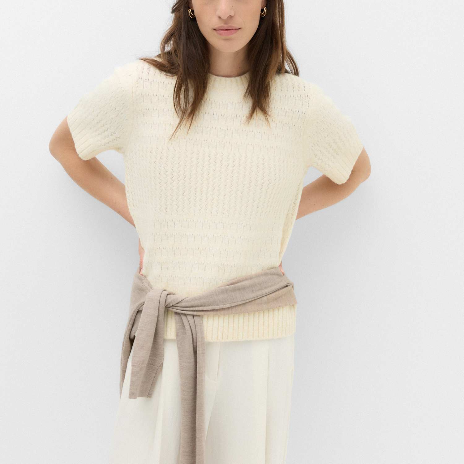 M&S Women's Pointelle Knitted Top - Extra Small - Ivory