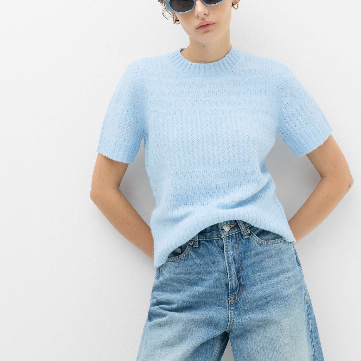 M&S Women's Pointelle Knitted Top - Large - Faded Blue