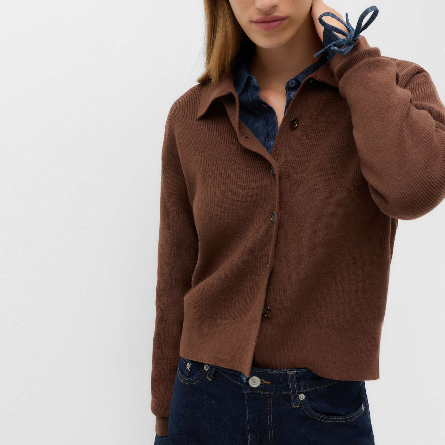 M&S Women's Ribbed Collared Button Through Knitted Jacket - Small - Conker