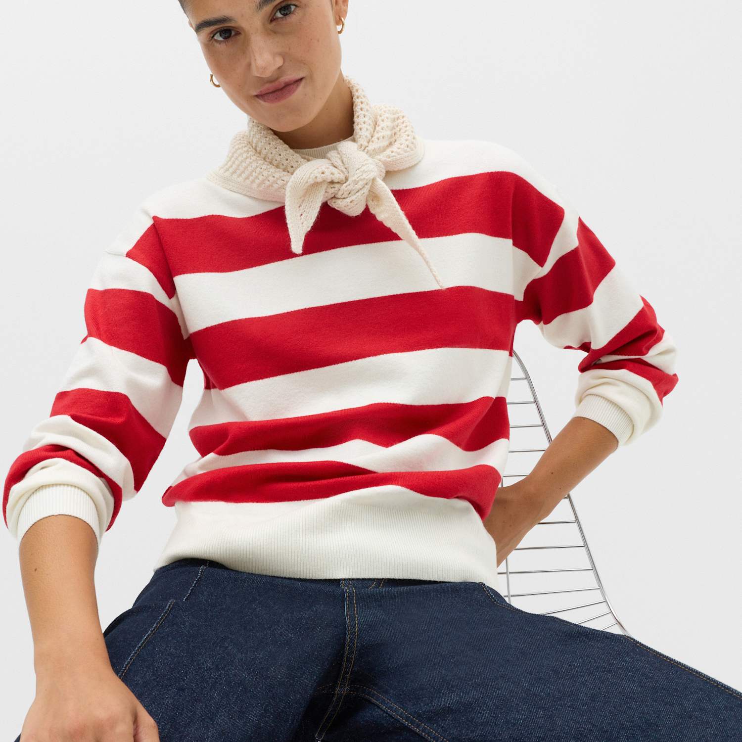 M&S Women's Air-Yarn Striped Funnel Neck Relaxed Fit Jumper - Small - Ivory Mix