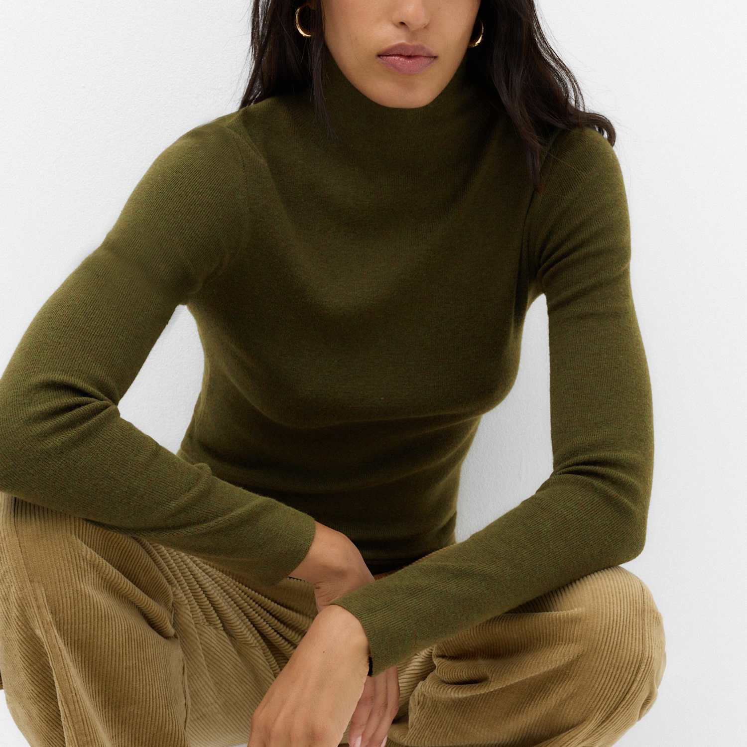 M&S Women's Funnel Neck Fitted Knitted Top - Large - Dark Olive