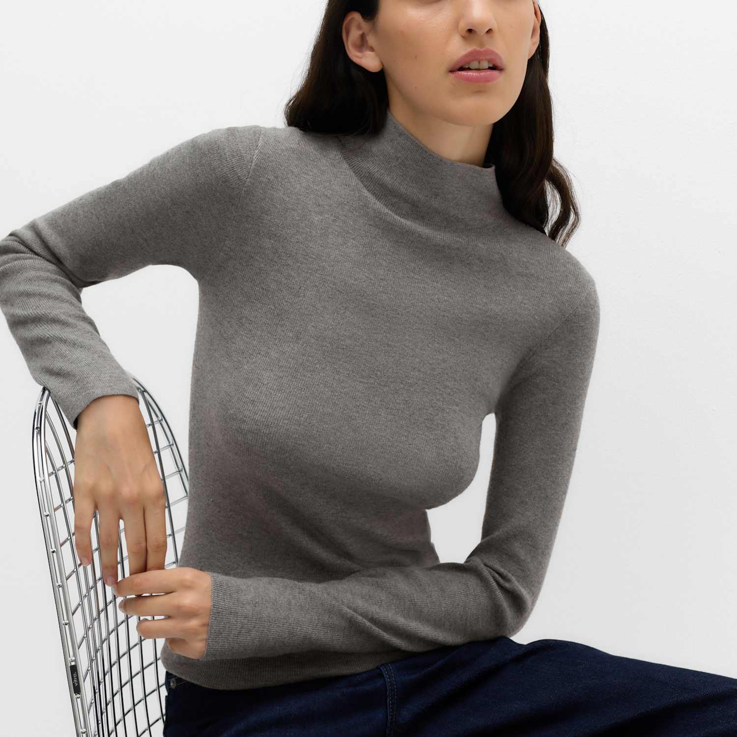 M&S Women's Funnel Neck Fitted Knitted Top - Small - Mid Grey Marl