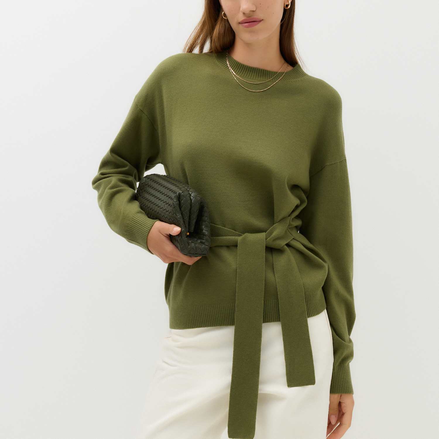 M&S Women's Tie Front Crew Neck Relaxed Jumper - Large - Sage